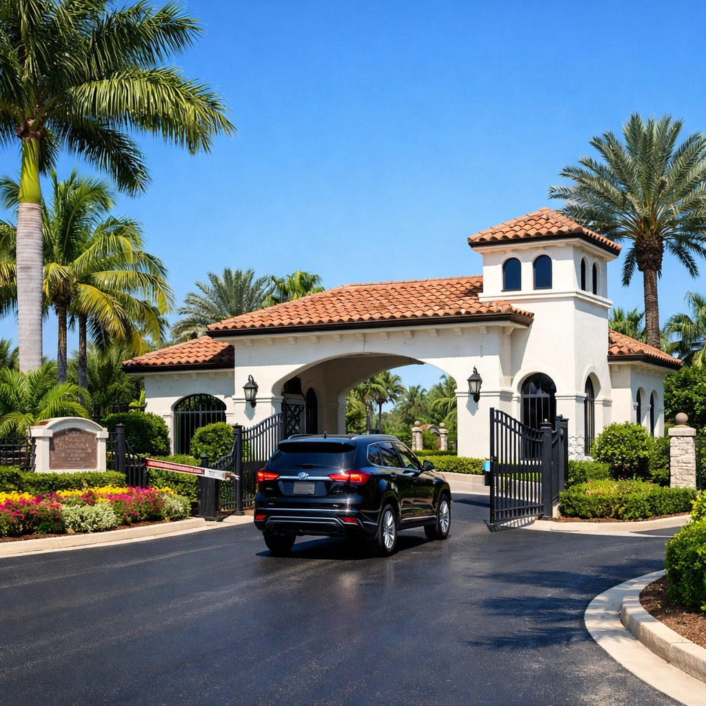 Secure gated community entrance in Cape Coral Florida with a Mediterranean-style gatehouse and palm trees.