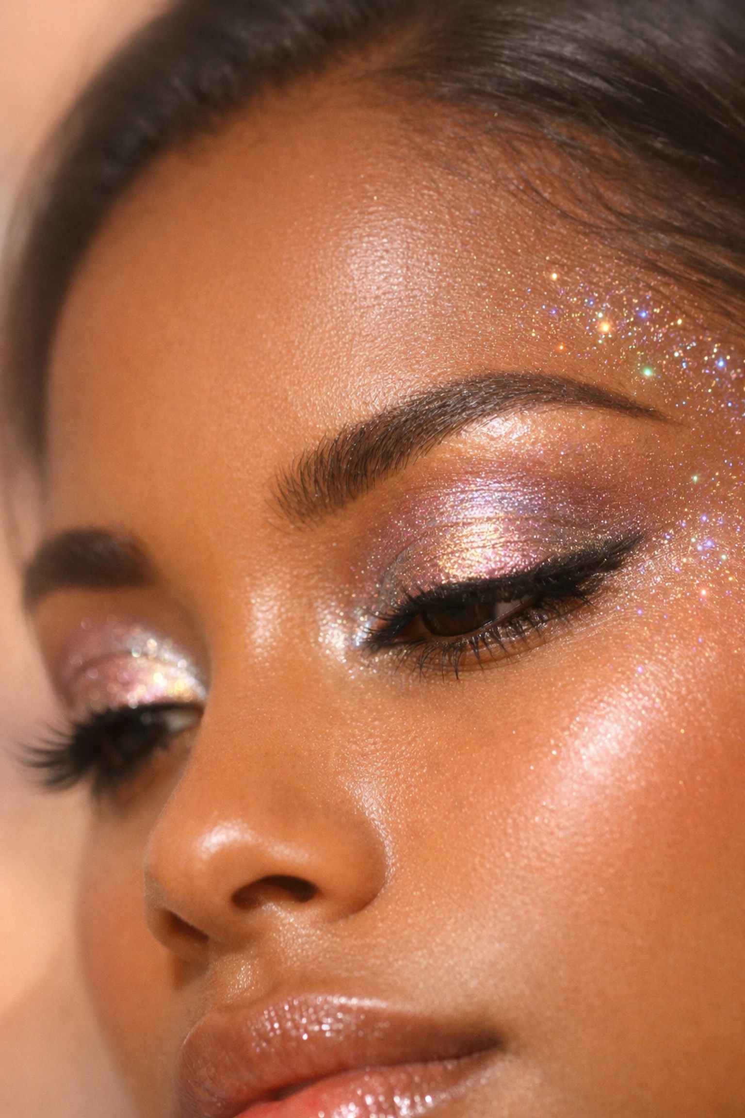 Chrome eyeshadow with holographic glitter showing color-shifting makeup on brown skin