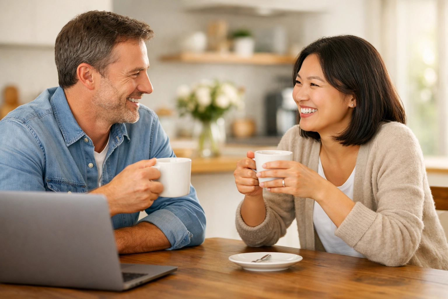 Friendly conversation about financial help and a payday loan no credit check Canada in a bright home.