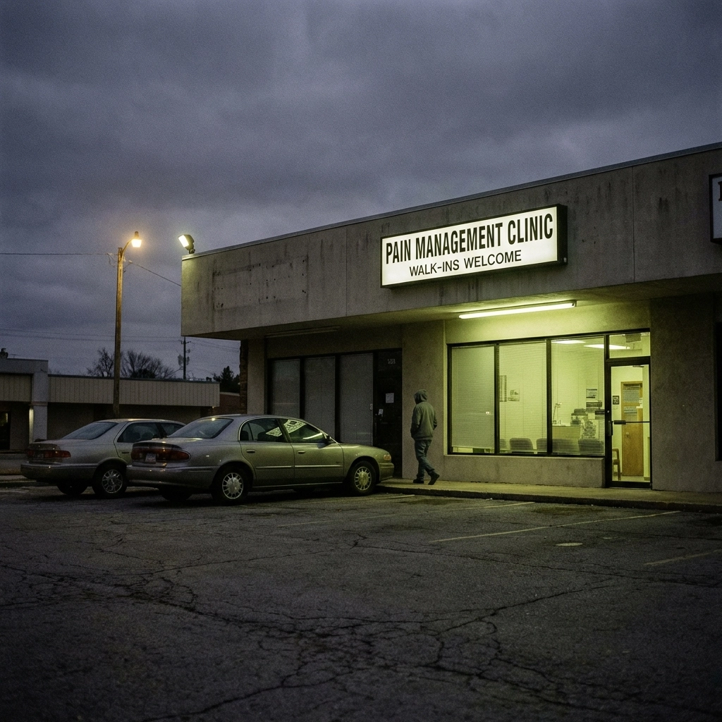 Exterior of a typical strip mall pain clinic at dusk, illustrating real-life pill mill locations in the opioid crisis