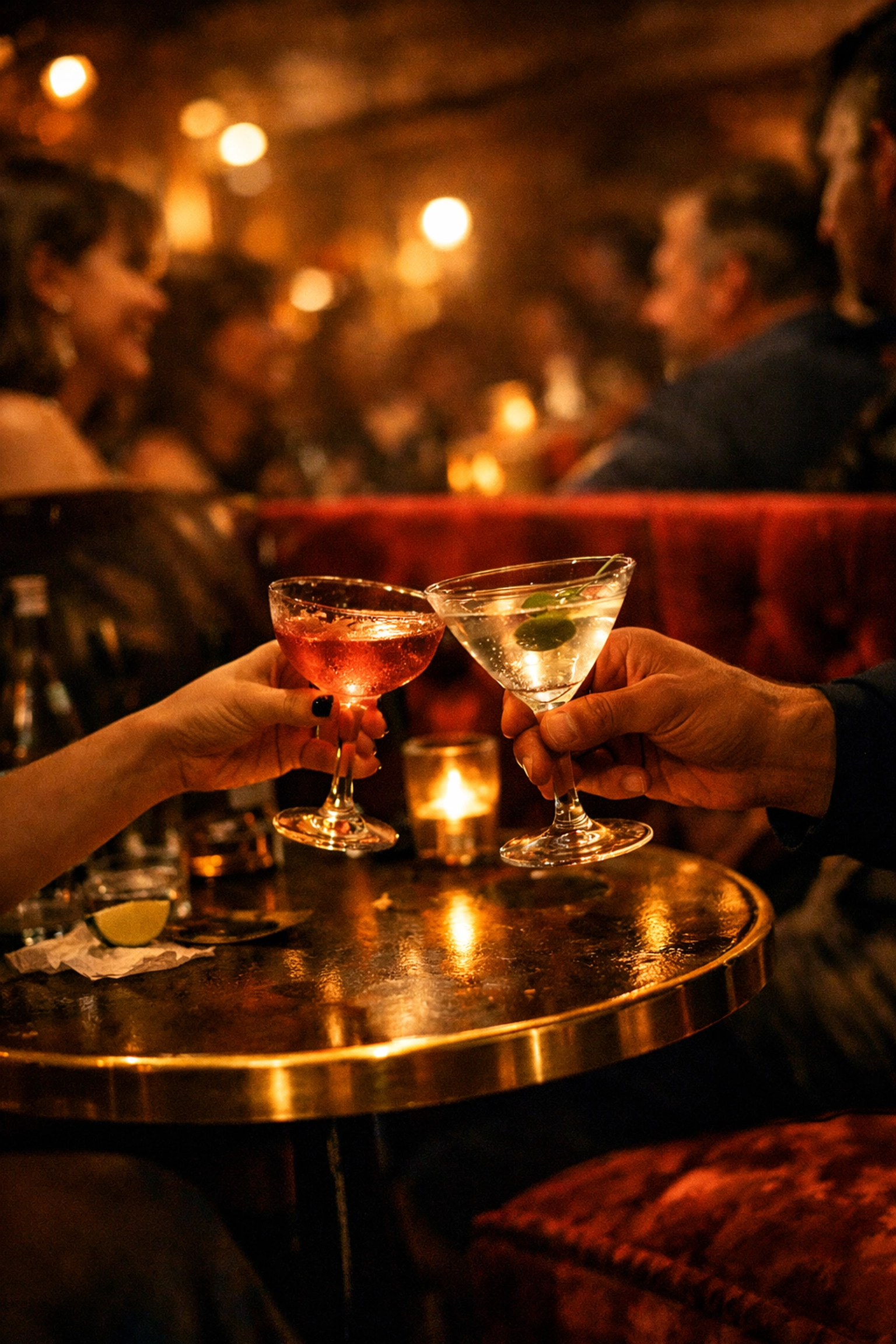 Two people clinking cocktail glasses in a warm, atmospheric hidden bar in Montreal.