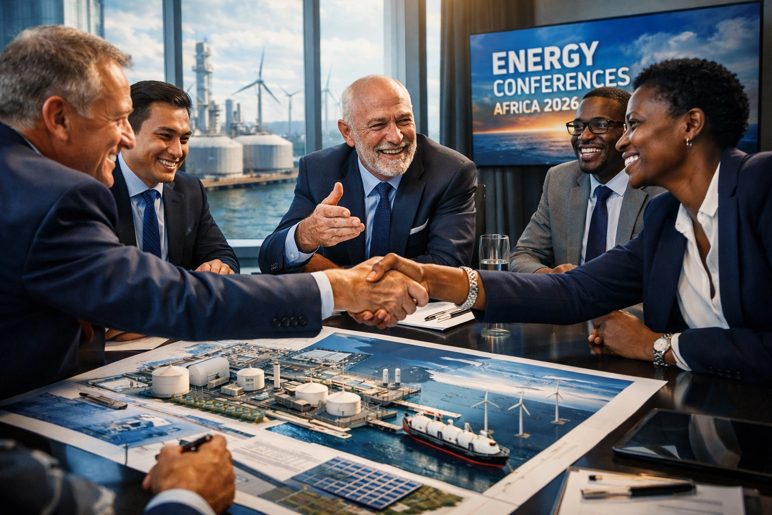 Energy industry executives discussing LNG and renewable projects at energy conferences Africa 2026