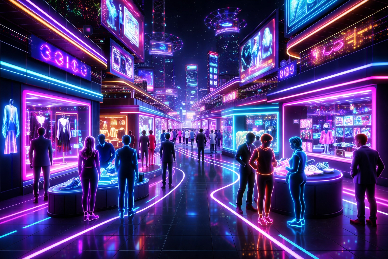Avatars browsing virtual storefronts in a vibrant metaverse shopping district with friends