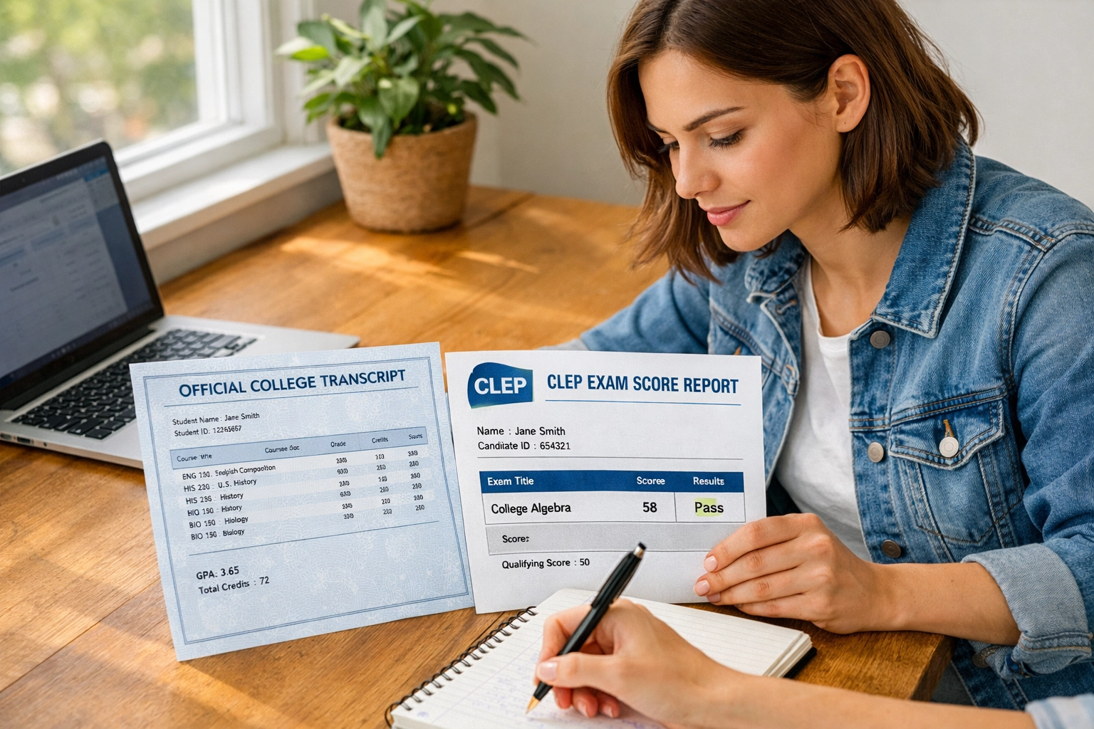 Student reviewing CLEP exam score report and college transcript at desk (1x1, center safe zone)
