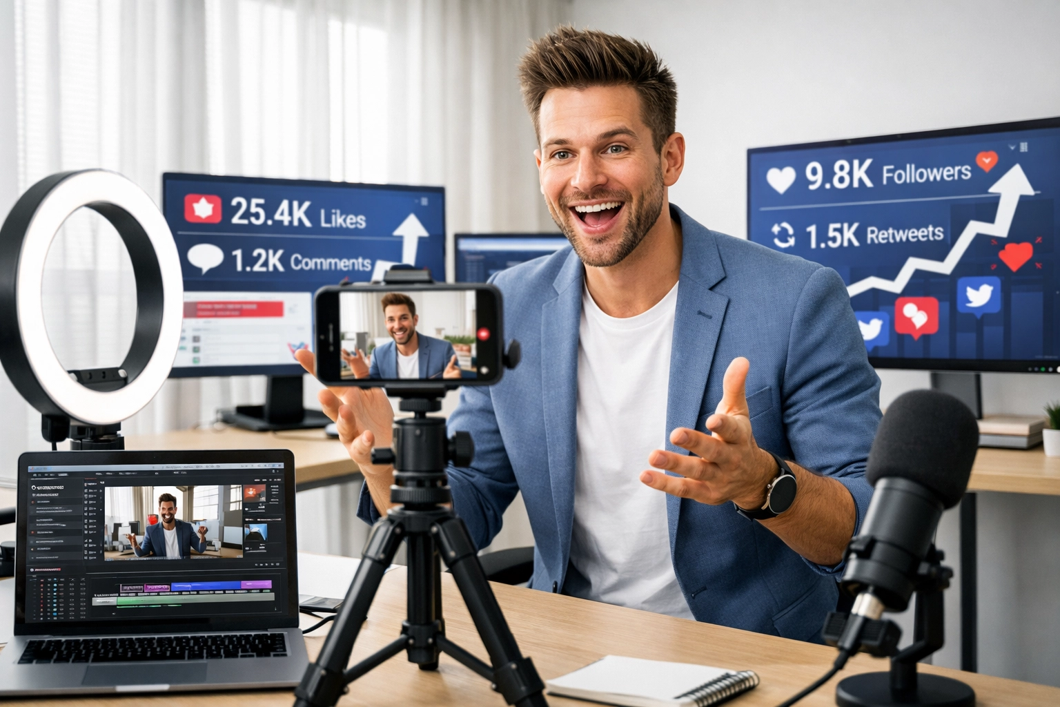 Content creator filming social media content for influencer marketing campaign