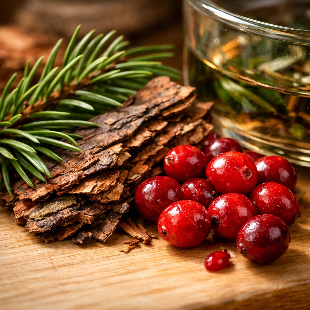 Foraged pine, cedar bark, and cranberries used for natural home scents in a glass simmering pot.