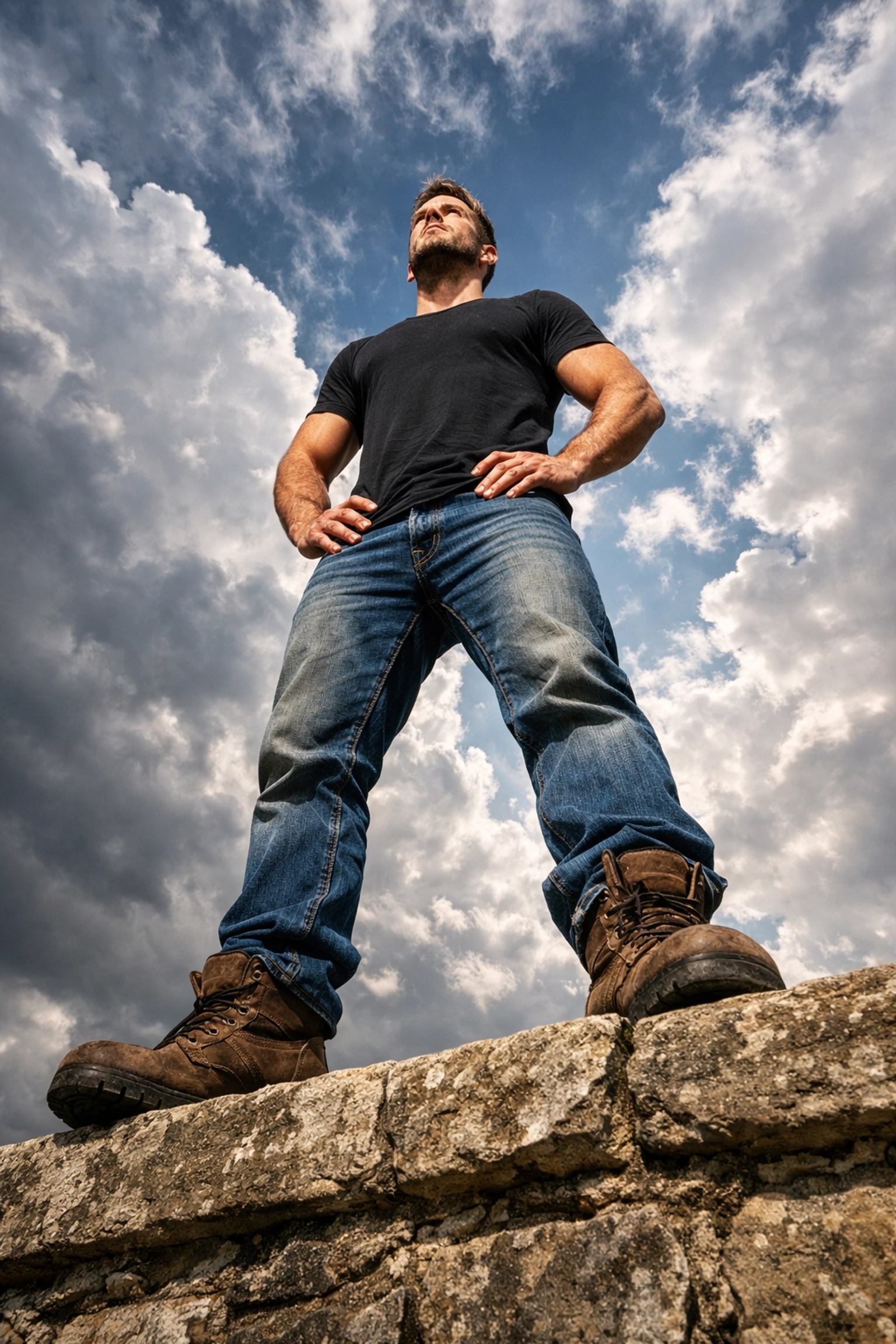 Low angle portrait of a man on a ledge demonstrating creative perspective in portrait photography.