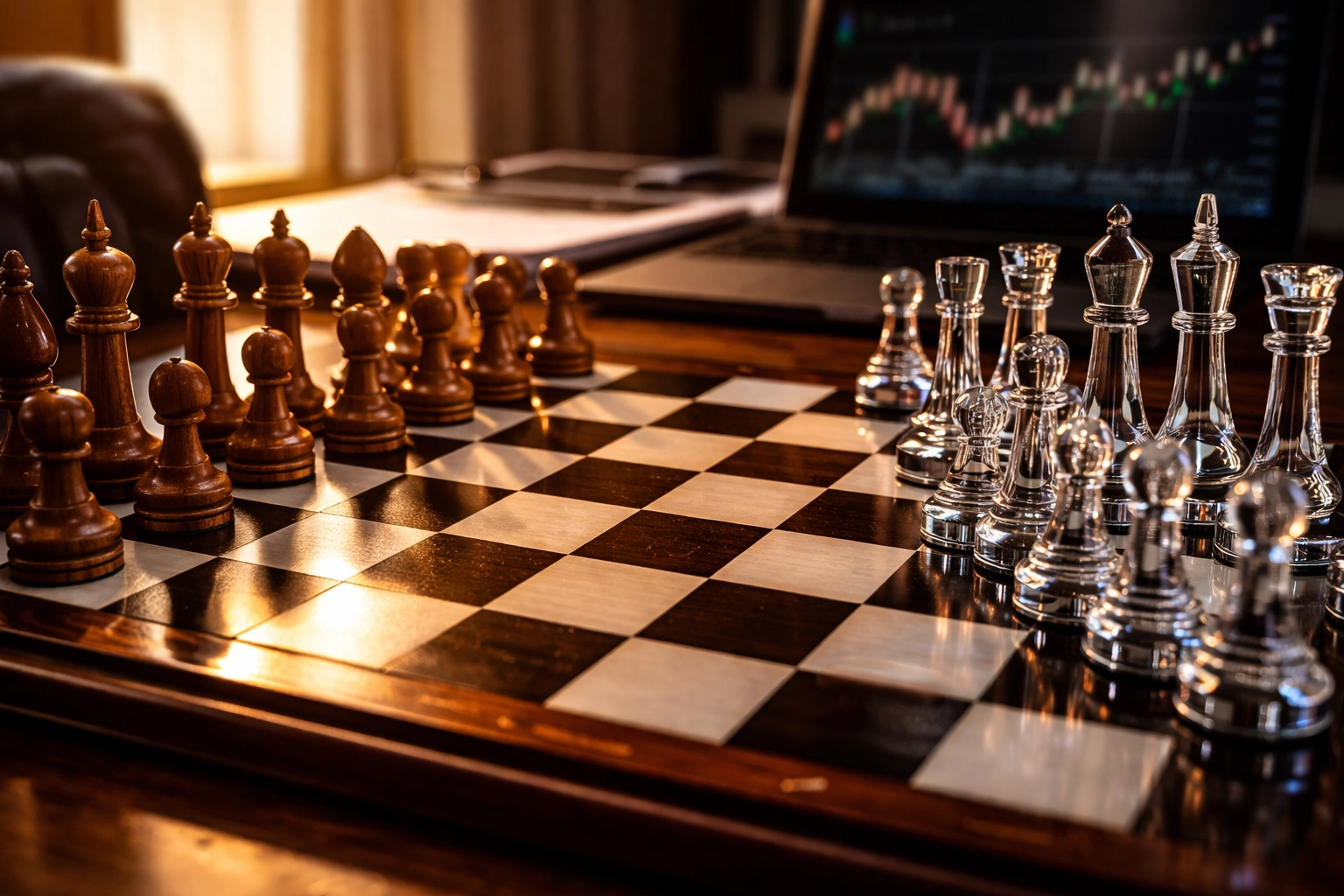 Chess board with classic and modern pieces symbolizing strategic portfolio balance and advanced investment decision-making.