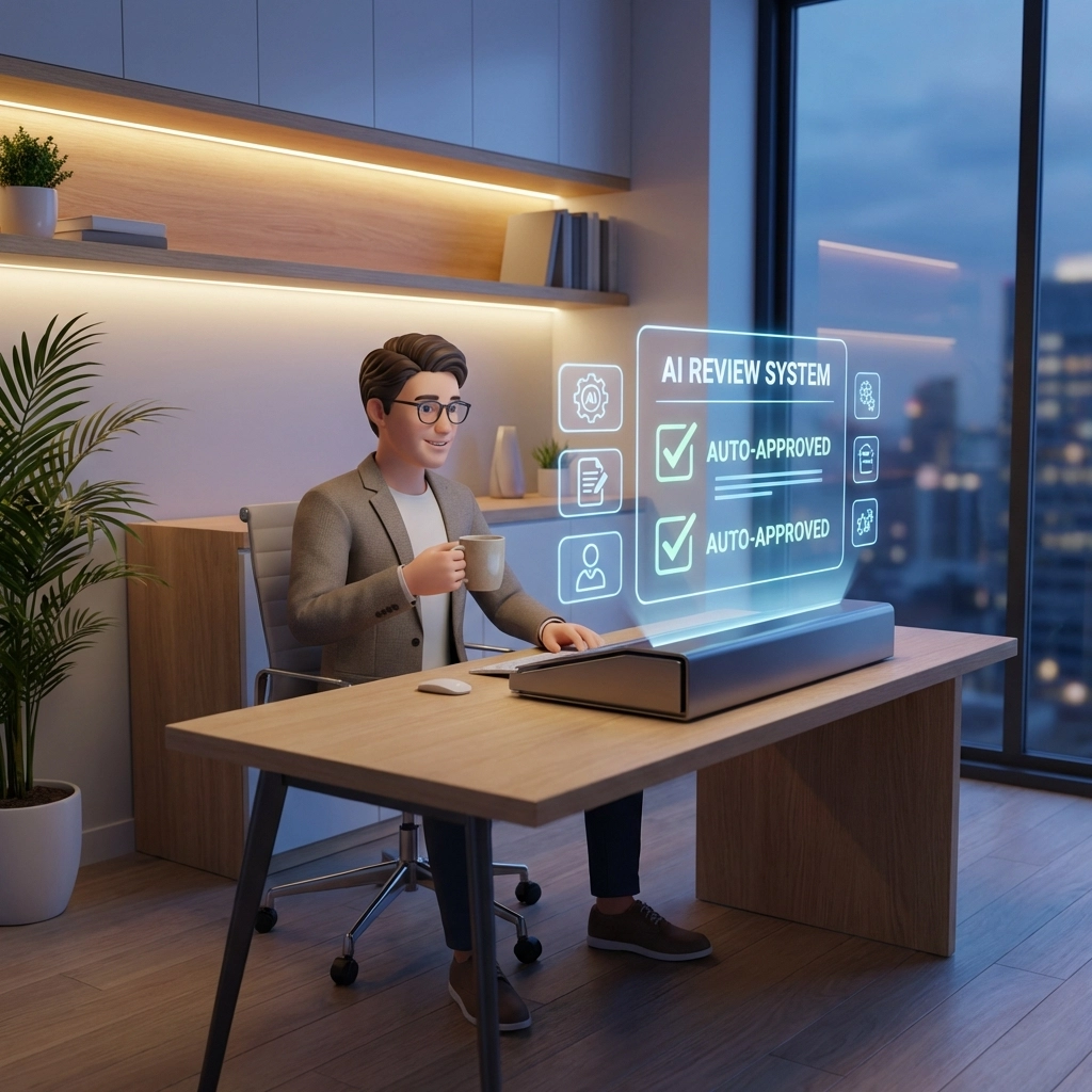 Small business owner reviews automated AI-generated replies on a screen, ensuring efficient Google review management.