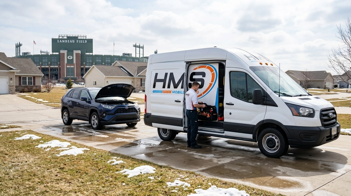 HMS Mobile Auto van in a Green Bay driveway during spring thaw