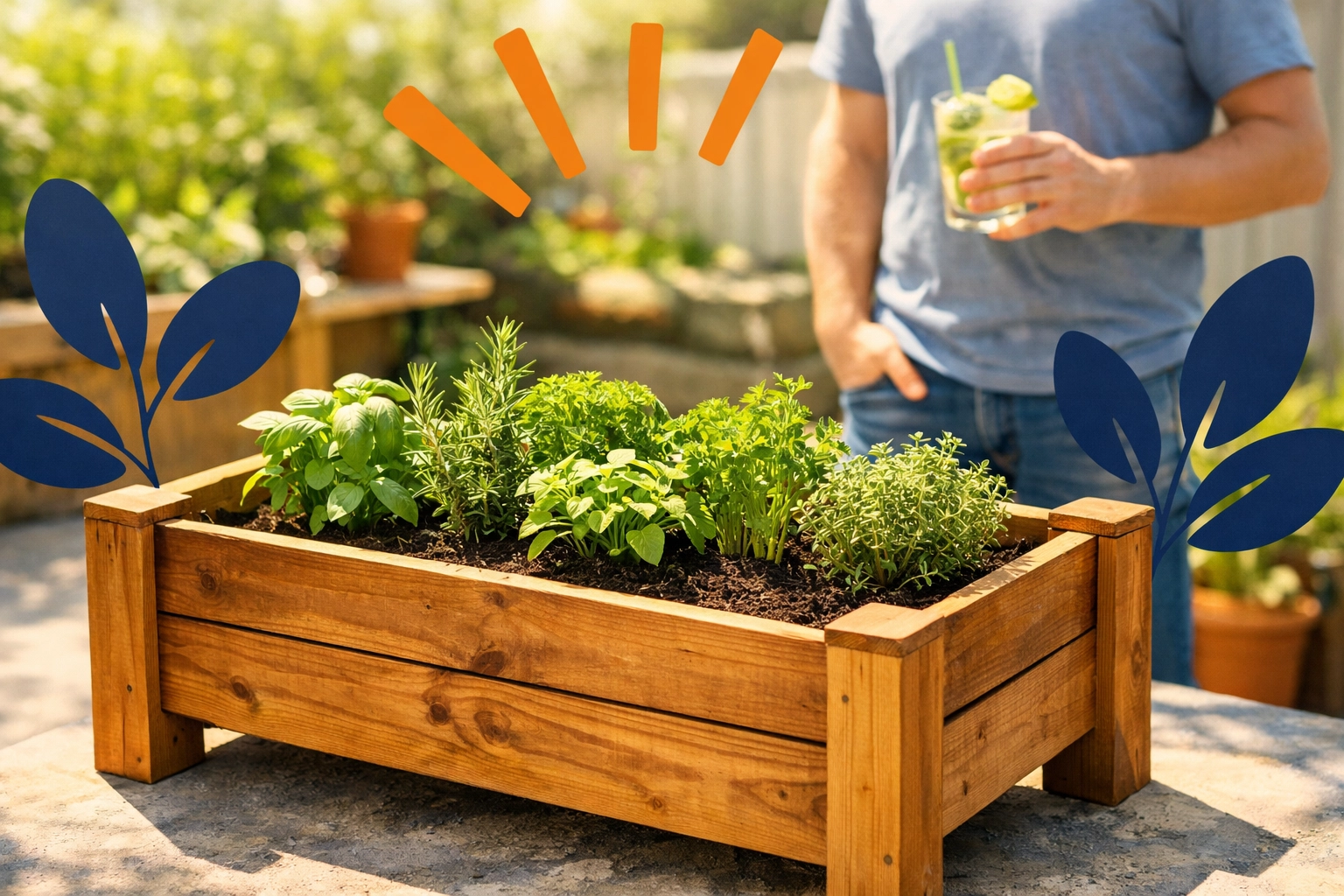 A completed wooden herb planter box on a patio, showcasing a successful weekend DIY project.