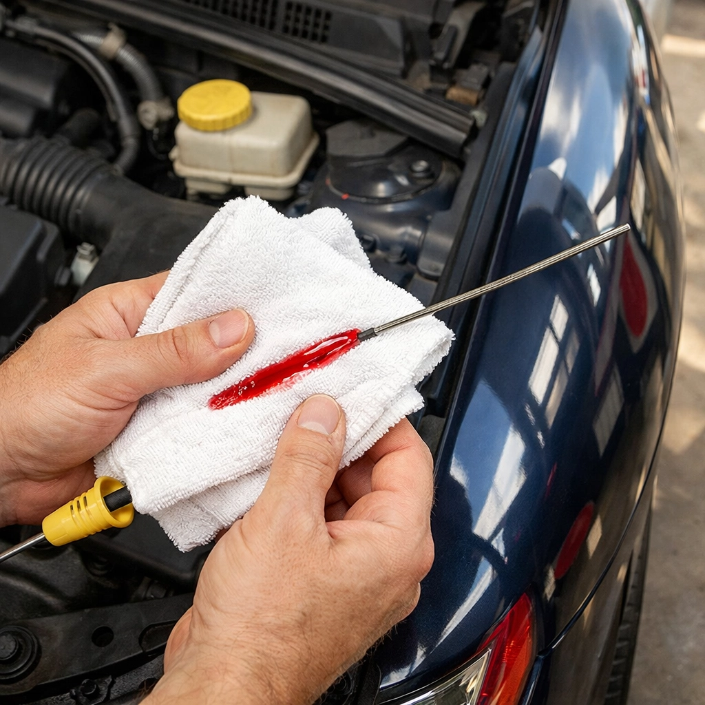 Checking transmission fluid color and levels on a dipstick with a white towel for routine maintenance.