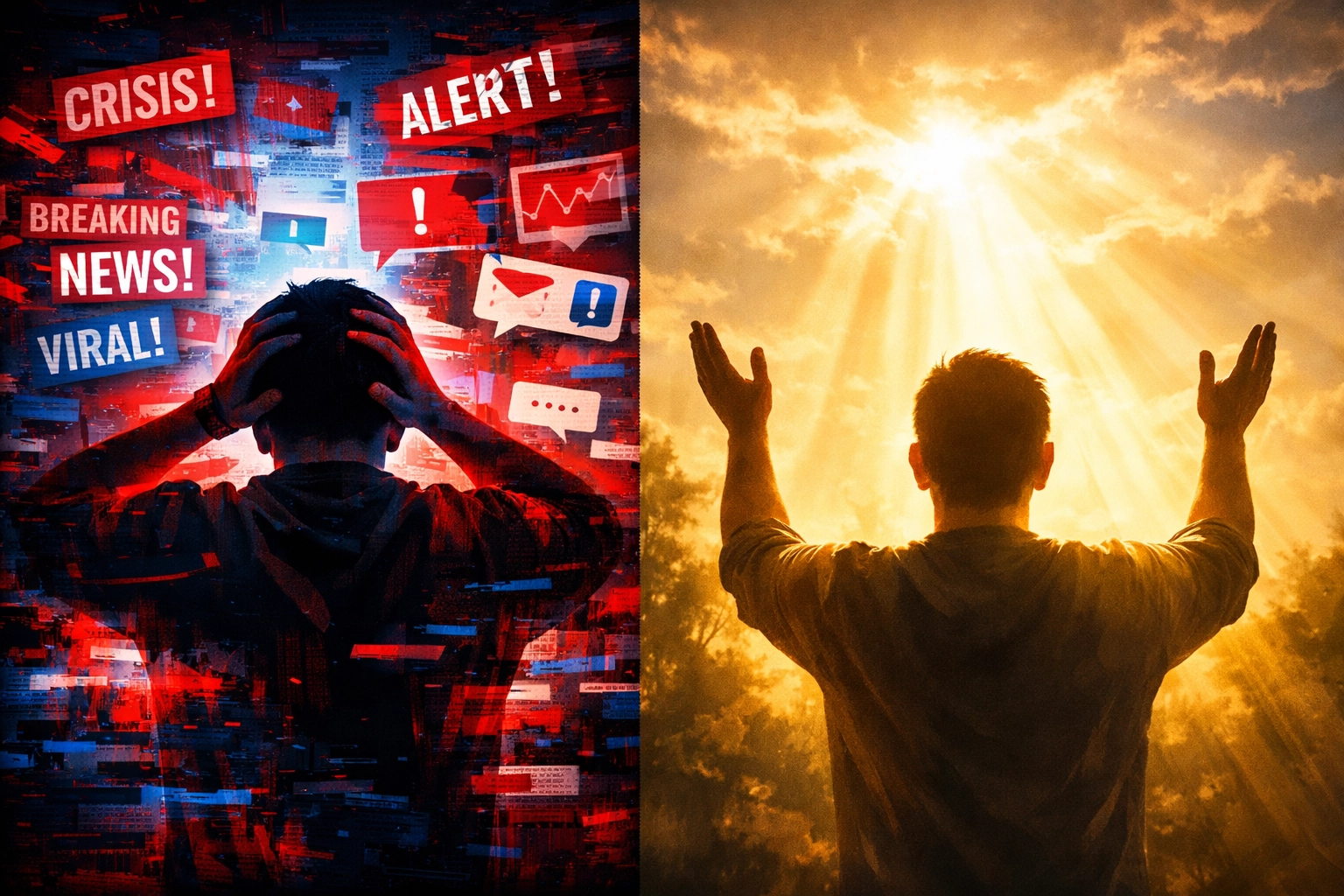 Contrast between anxiety from news overload and peace through morning worship and prayer
