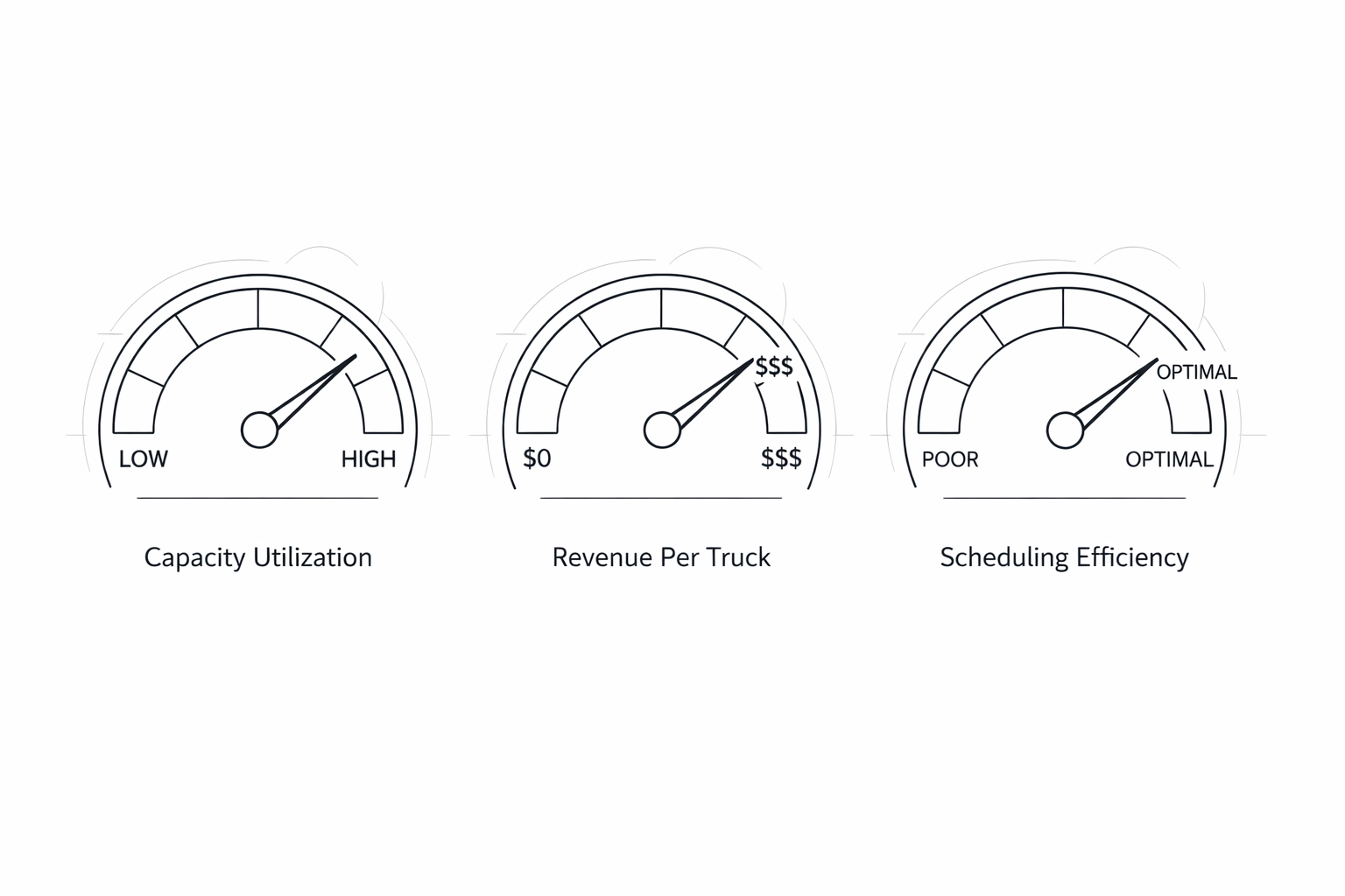 Dashboard gauges showing plumbing truck capacity utilization and dispatch efficiency metrics