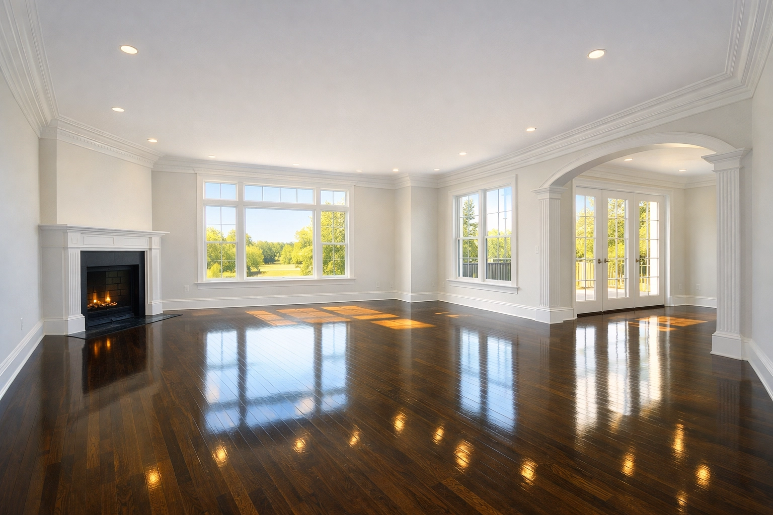 Clean hardwood floors in a sunlit living room perfect for move-out house cleaning Worcester MA.