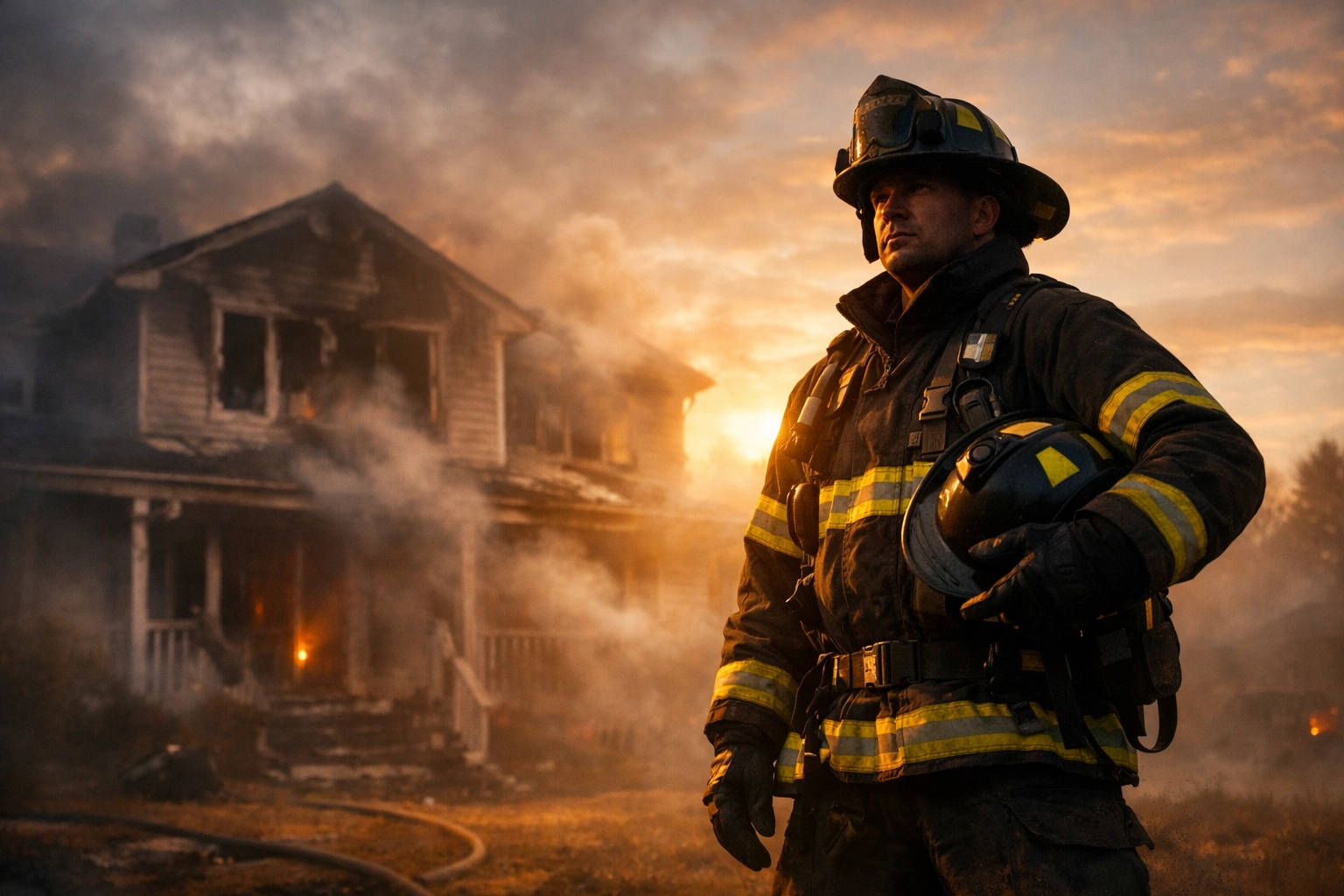 Firefighter responding to residential fire damage in Montgomery County home with smoke damage