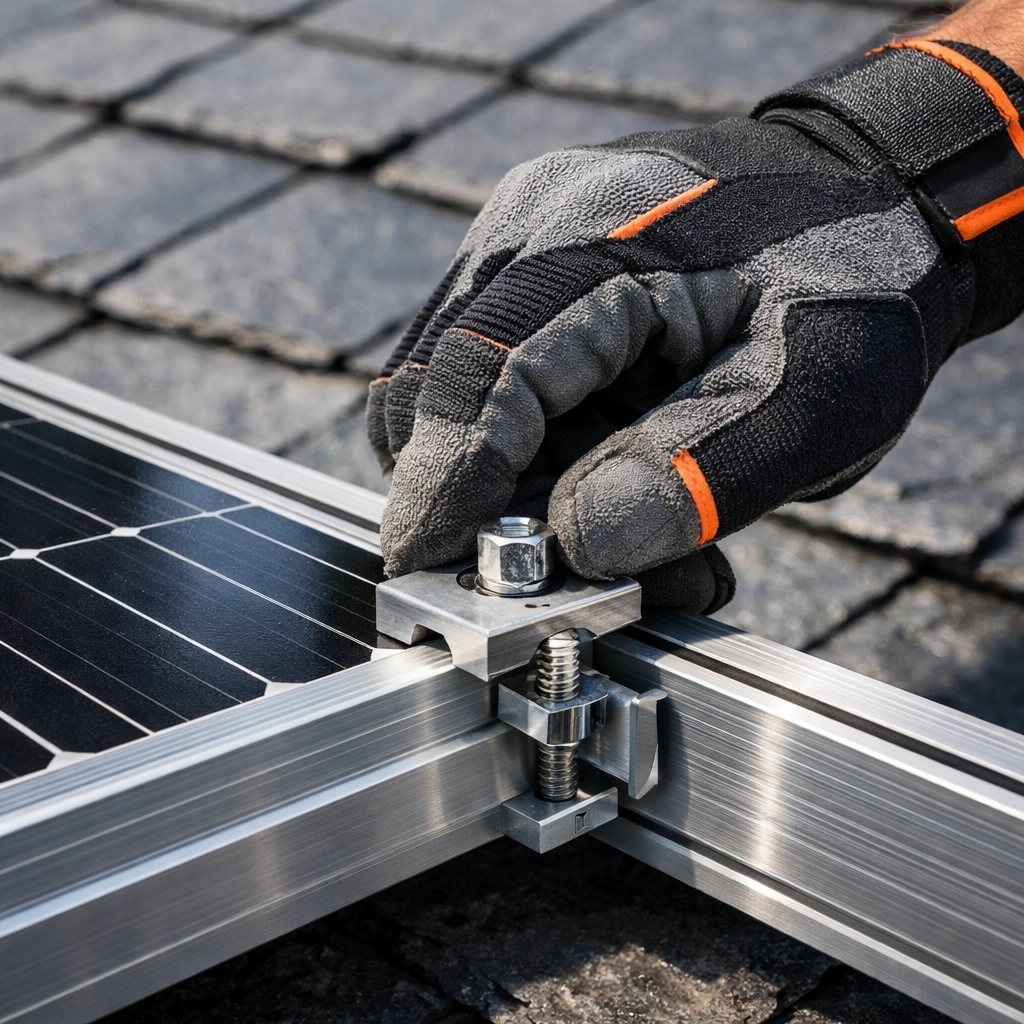 Professional installation of a high-efficiency solar panel on a domestic slate roof.