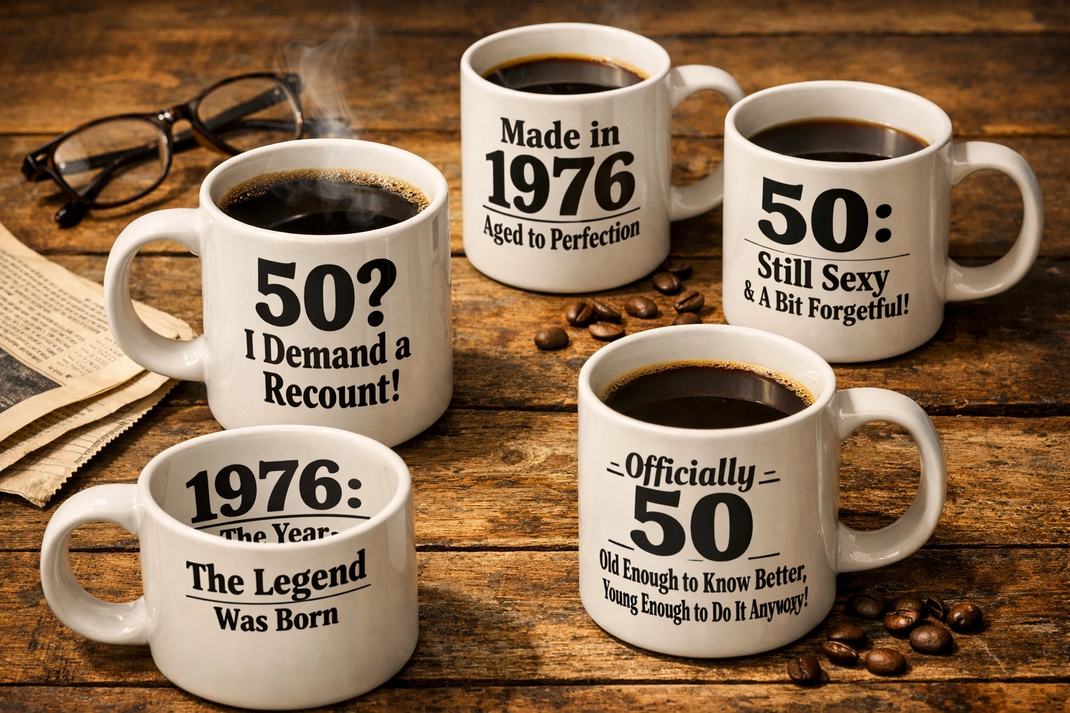 Collection of 1976 birth year gift mugs with funny 50th birthday messages