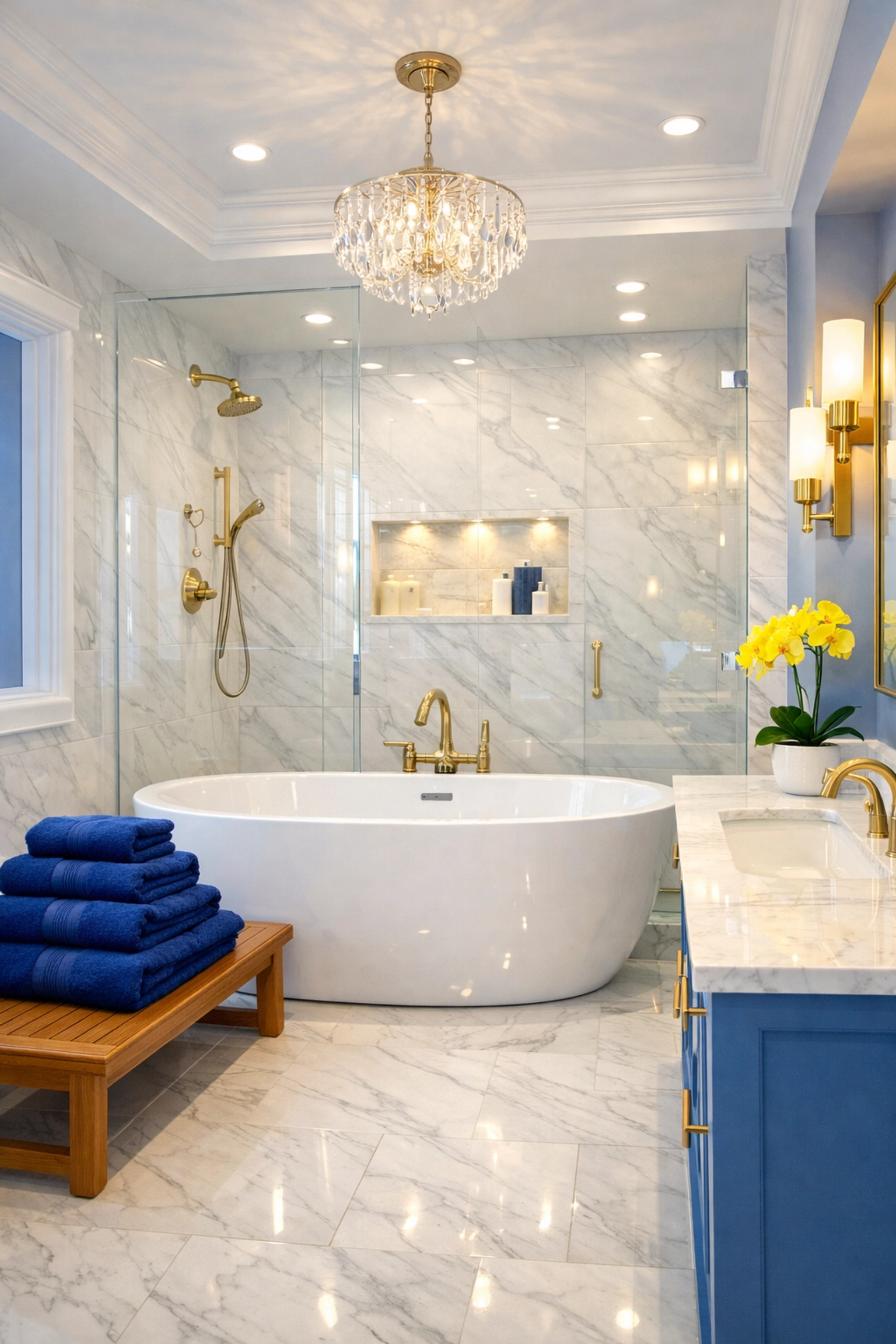 Pristine master bathroom with polished fixtures and marble tile in a luxury Lincoln home.