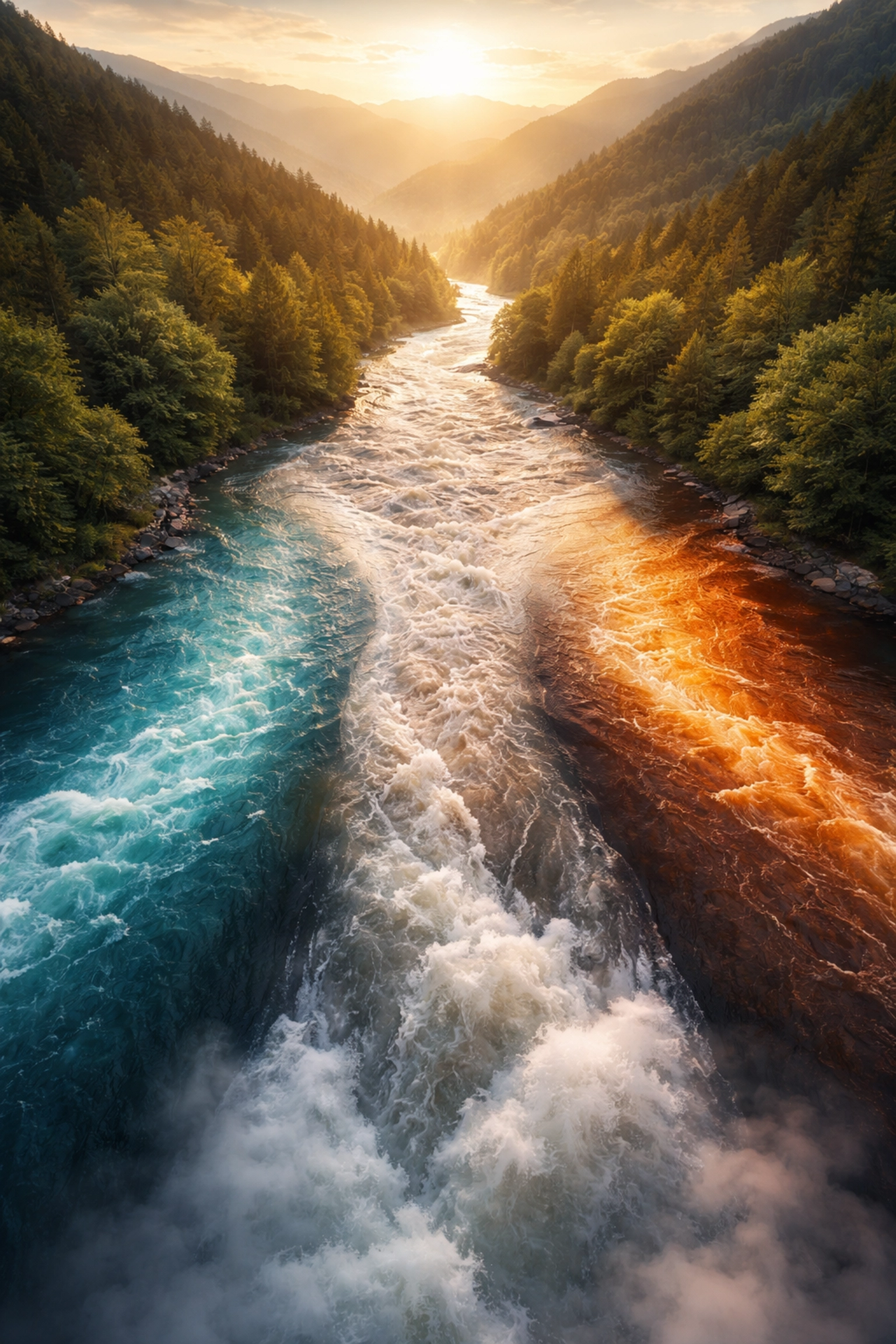 Three rivers representing equities, bonds, and alternatives merging into one, symbolizing portfolio diversification and unified investment strategies.