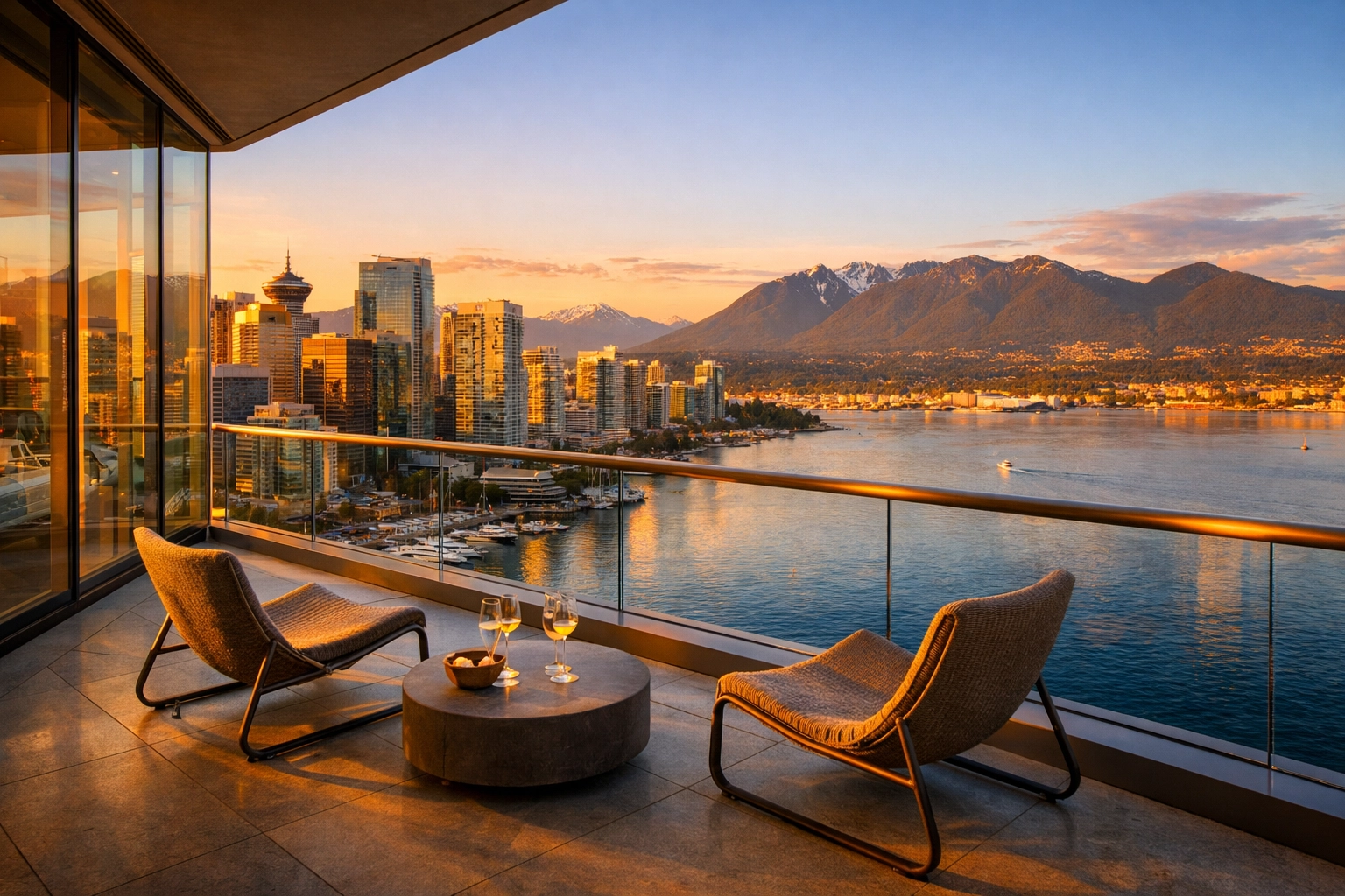 Luxury Vancouver rental apartment balcony overlooking Coal Harbour, managed for maximum investment security and compliance.