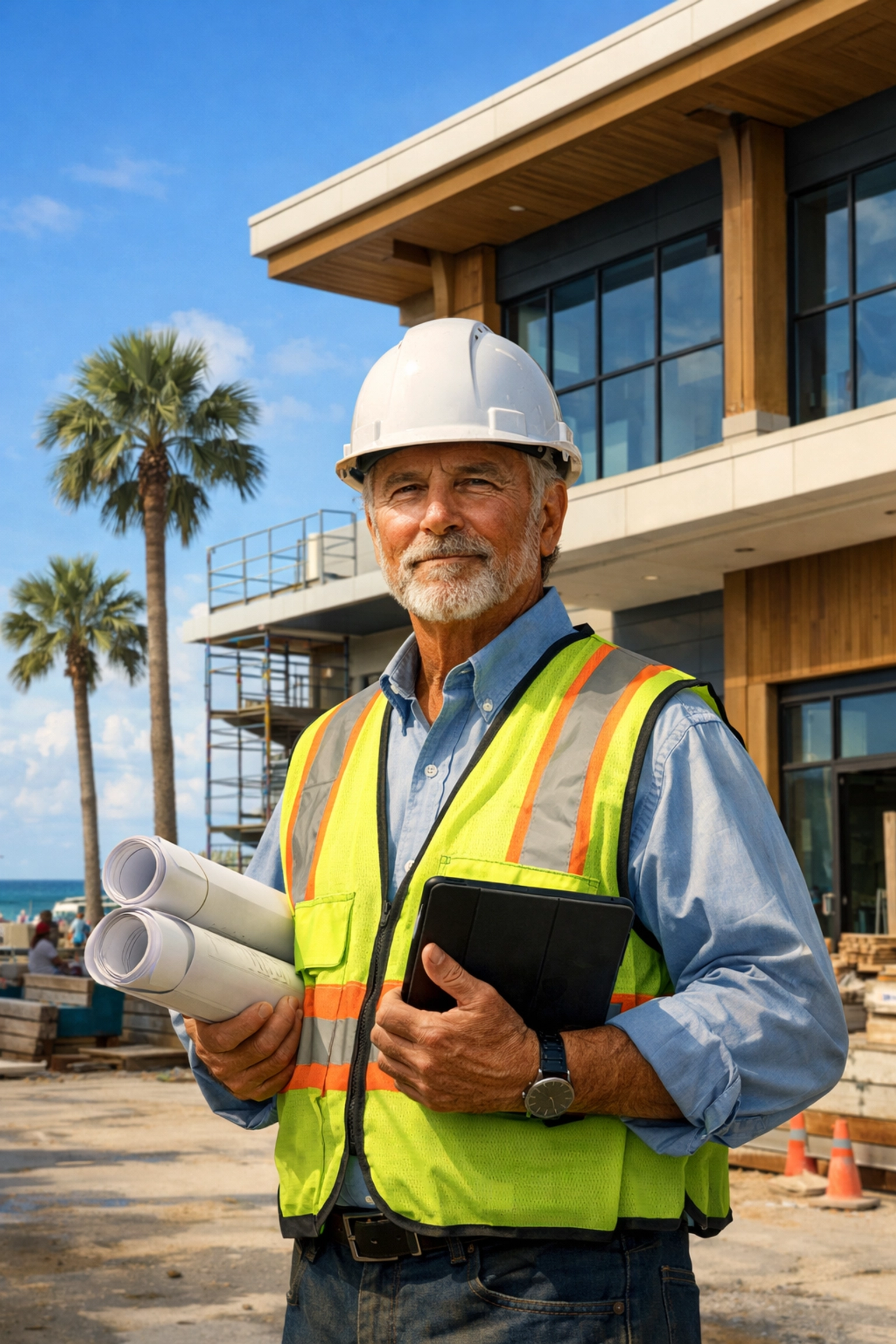 Veteran commercial contractor reviewing blueprints at coastal North Carolina building project