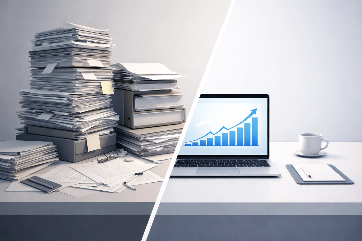 Desk scene showing contrast between HR administrative burden and strategic workforce planning