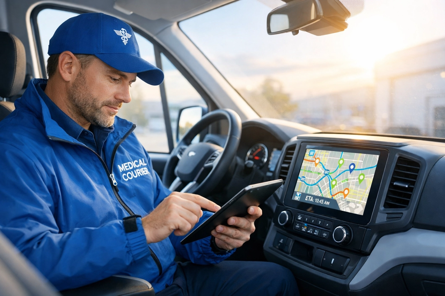Medical courier driver reviewing delivery routes on tablet for time-sensitive lab specimen transport