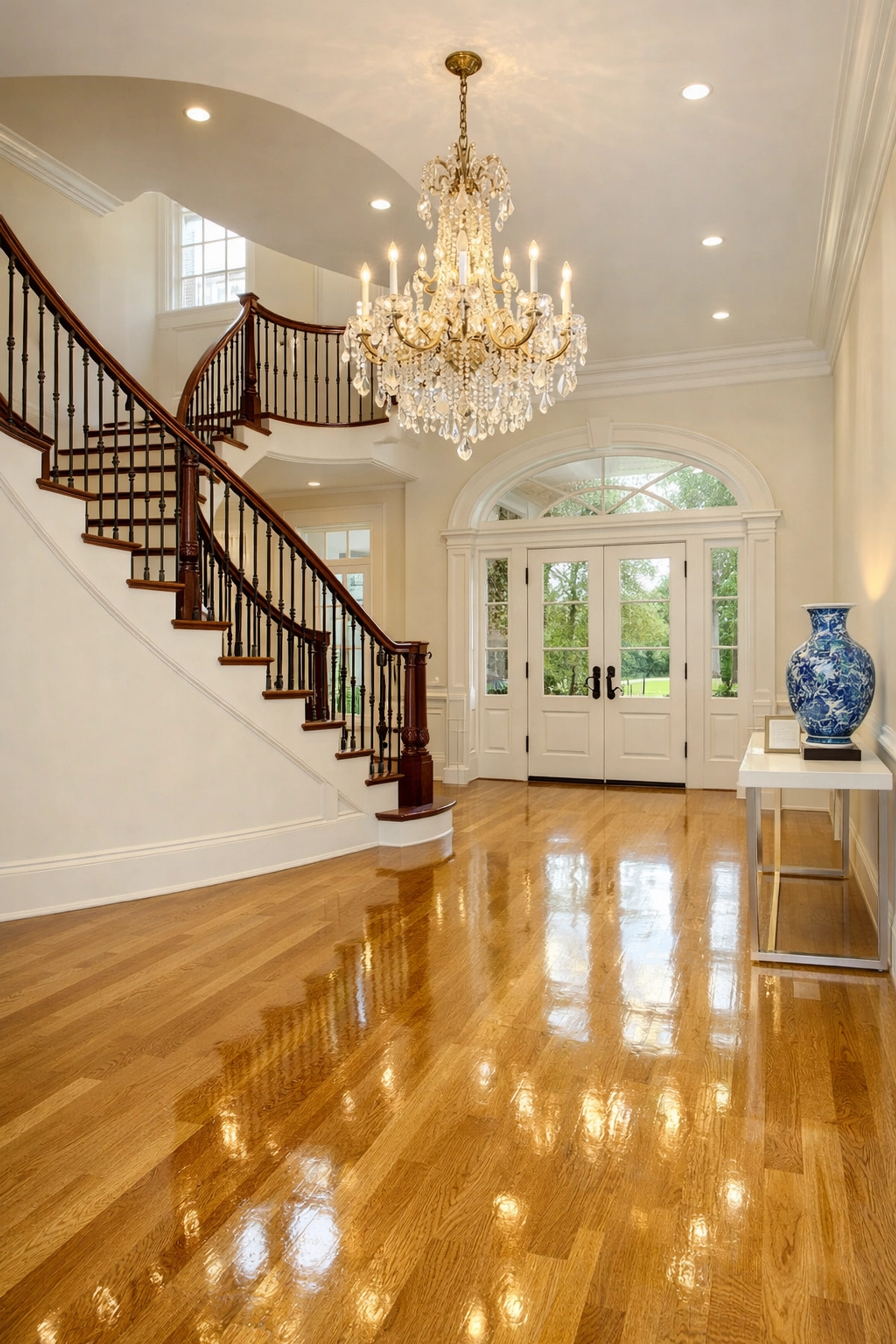 Grand Wayland estate entryway with polished floors and stairs after a professional cleaning service.