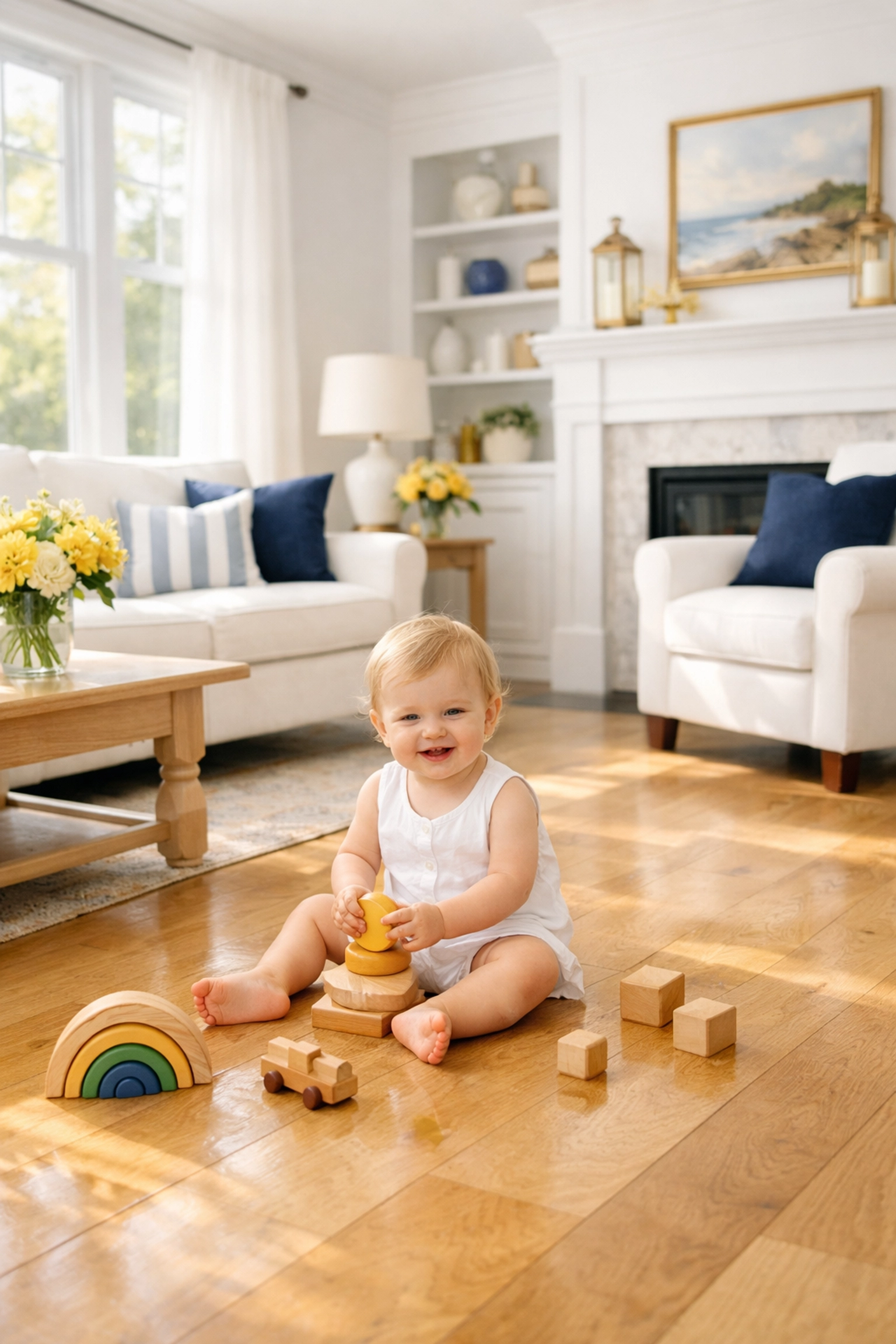 A toddler playing on a clean hardwood floor in a home using eco-friendly cleaning services in Massachusetts.
