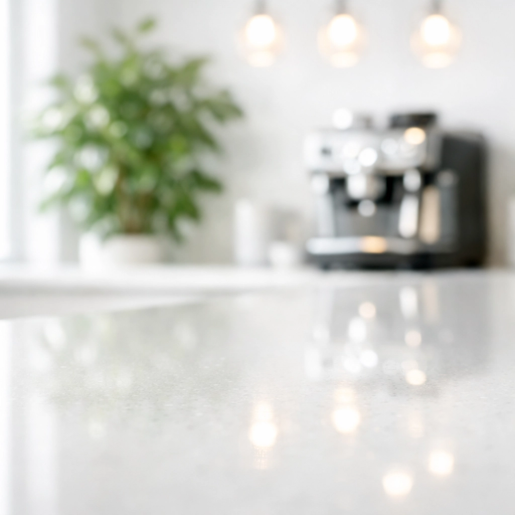 Detailed view of a sanitized office breakroom with a polished countertop and professional cleaning results.