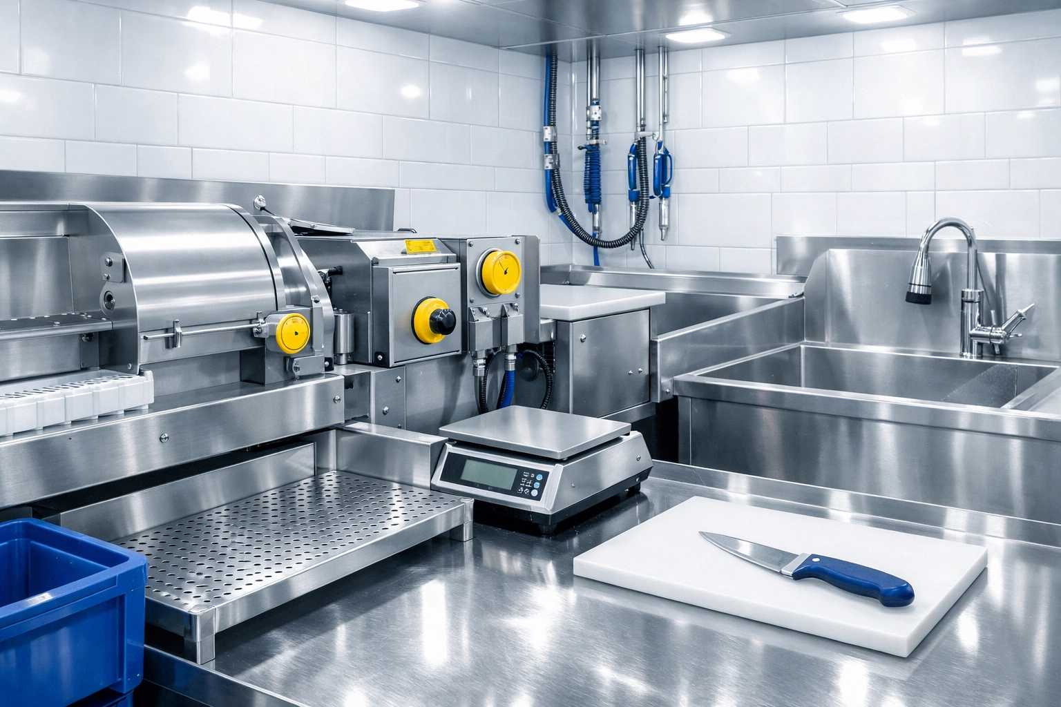 Sanitized New Bedford seafood processing station with clean stainless steel and bright tile walls.
