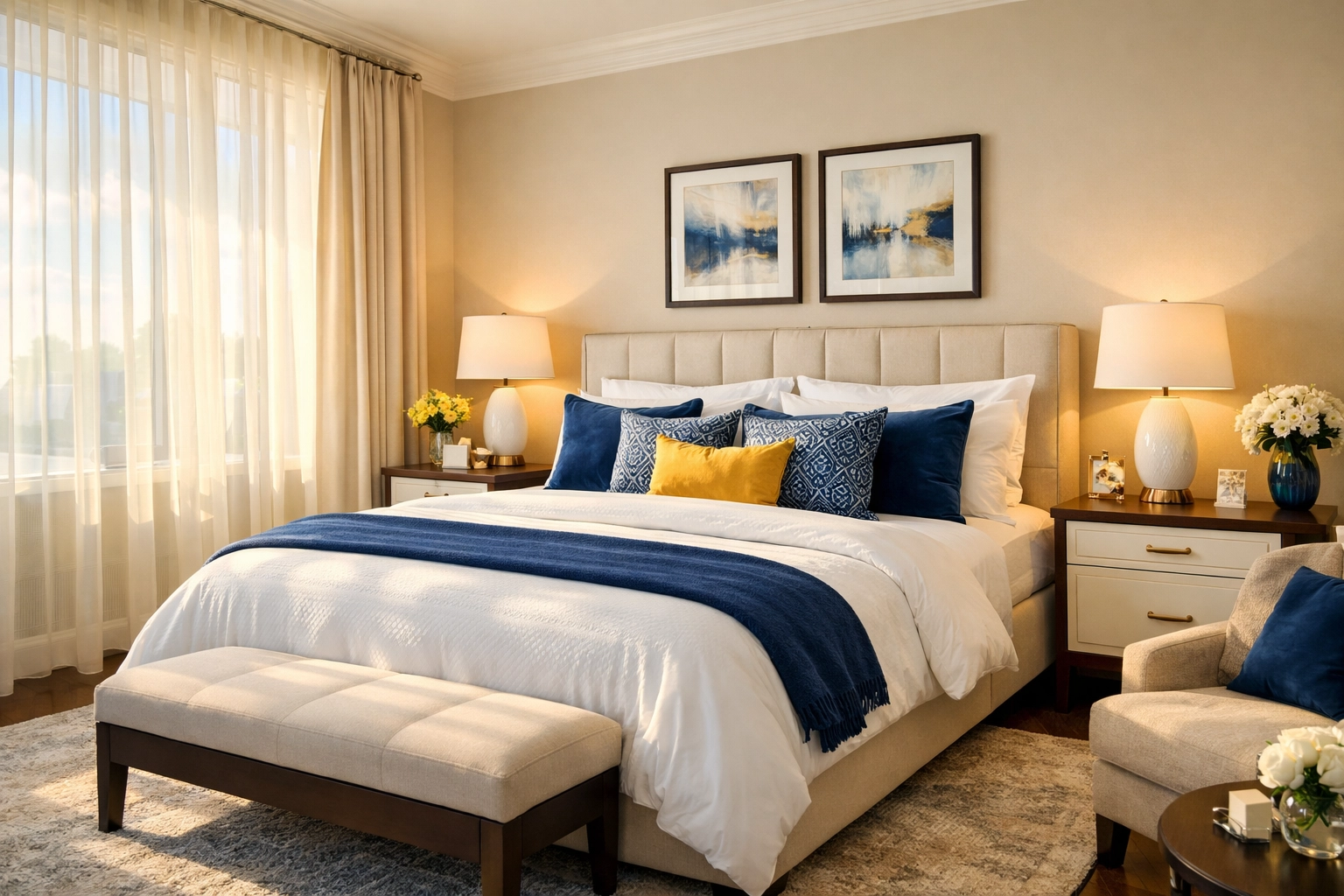 Serene and organized master bedroom in Westford showcasing results of recurring house cleaning.