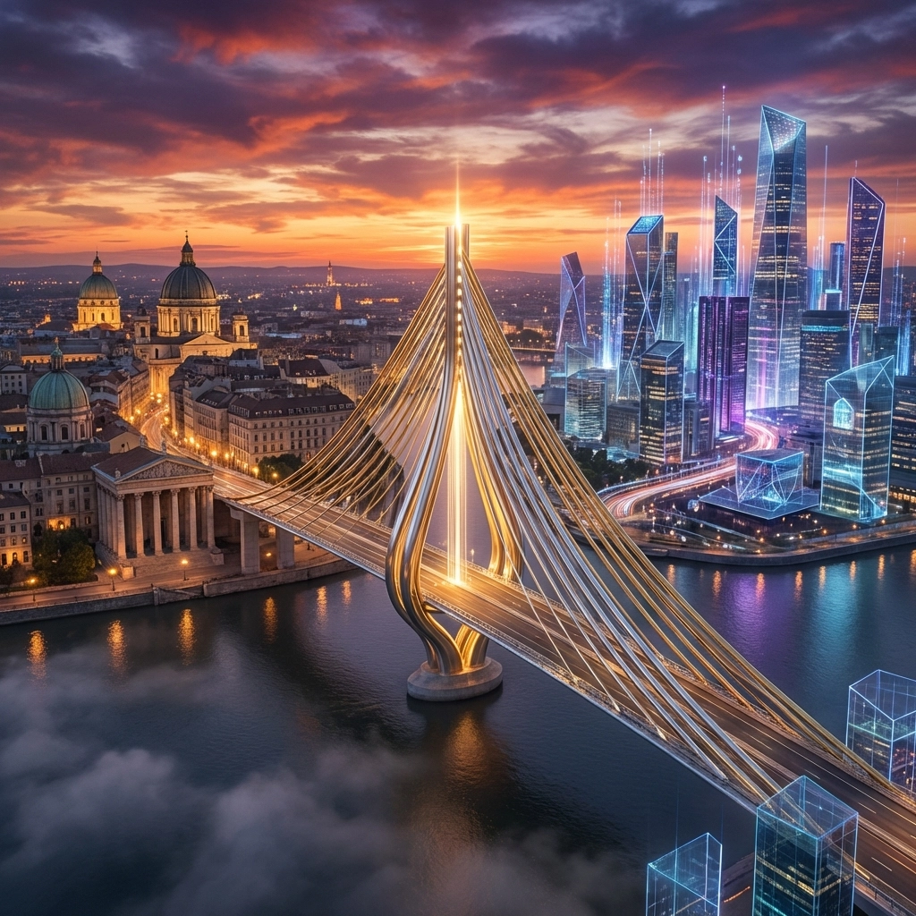 A suspension bridge linking classic finance to digital assets, symbolizing traditional and crypto integration