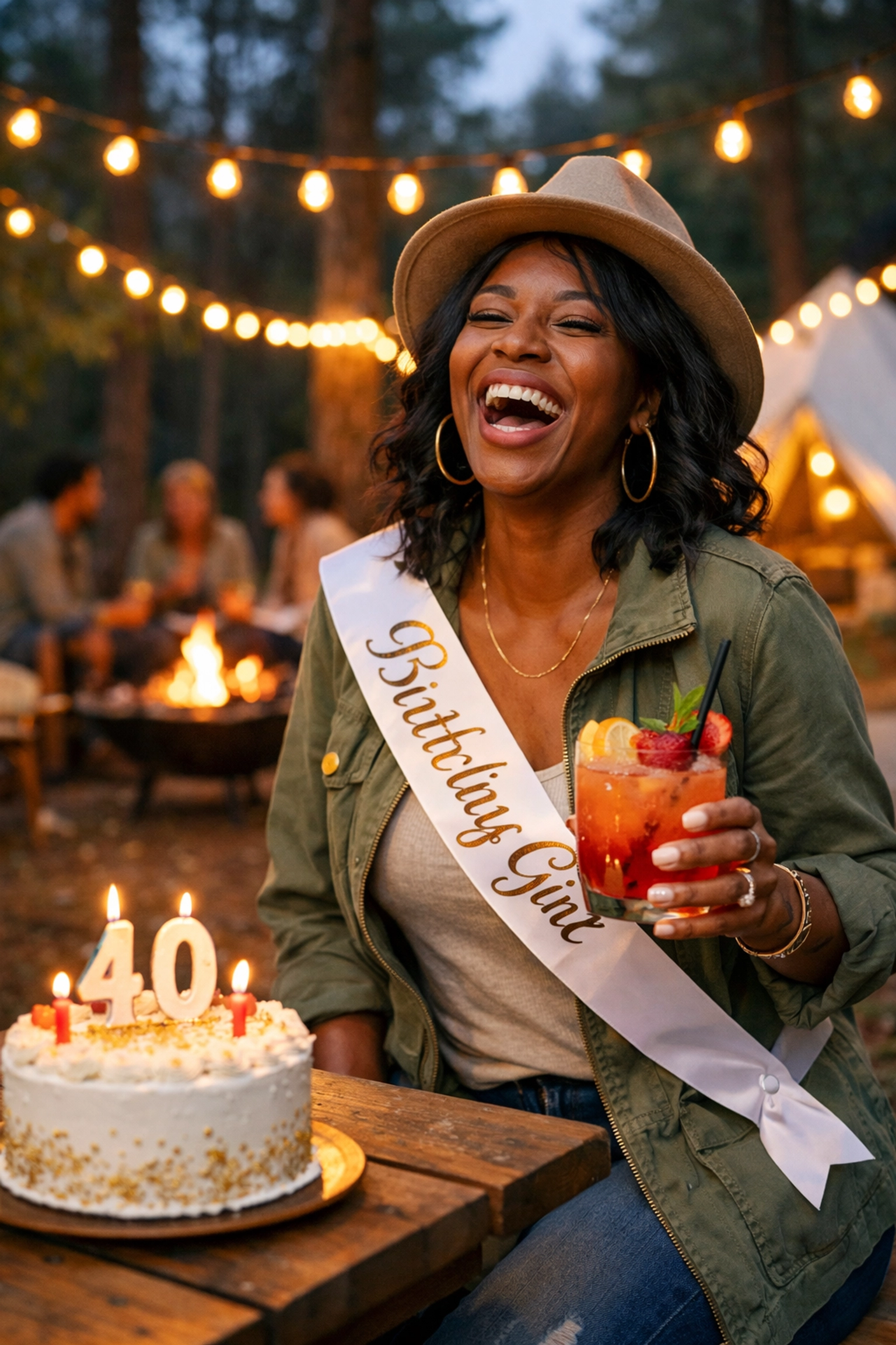 A woman celebrates a milestone birthday at a Melanated Campout adult camping retreat in Georgia with cake and drinks.