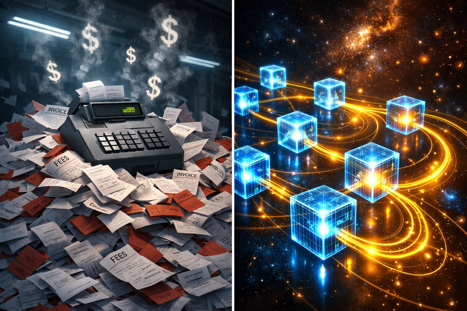 Traditional payment processor fees versus Web3 blockchain network showing cost reduction for merchants