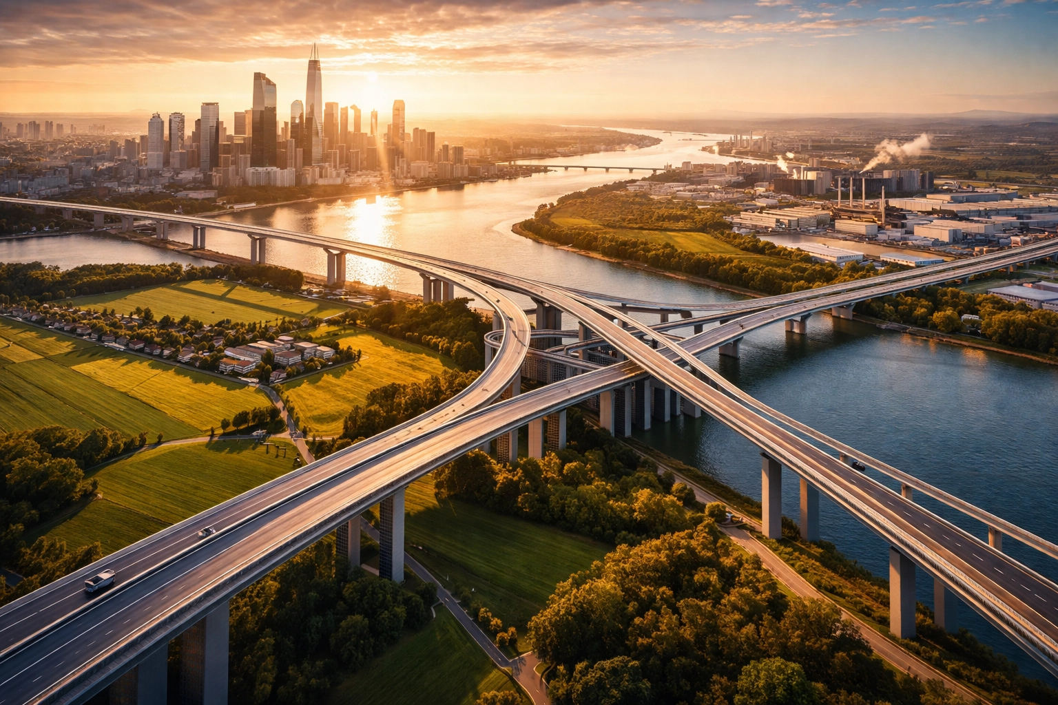 Bridges connecting diverse sectors, illustrating private equity portfolio diversification across industries.