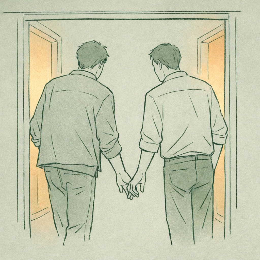 Two bisexual men standing in doorway between communities, representing bi-erasure and belonging struggles