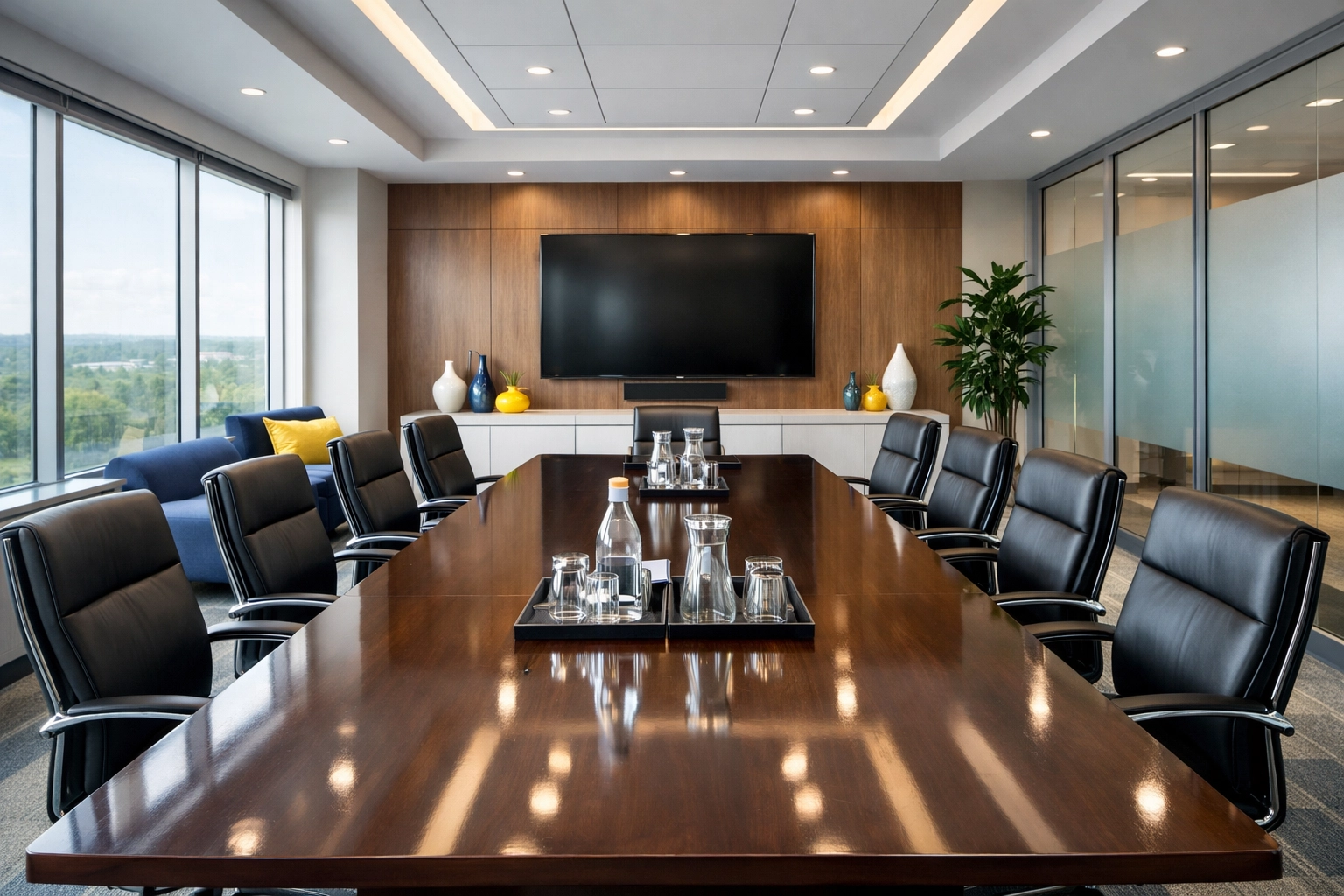 Pristine MetroWest corporate boardroom showing professional commercial cleaning standards for local businesses.