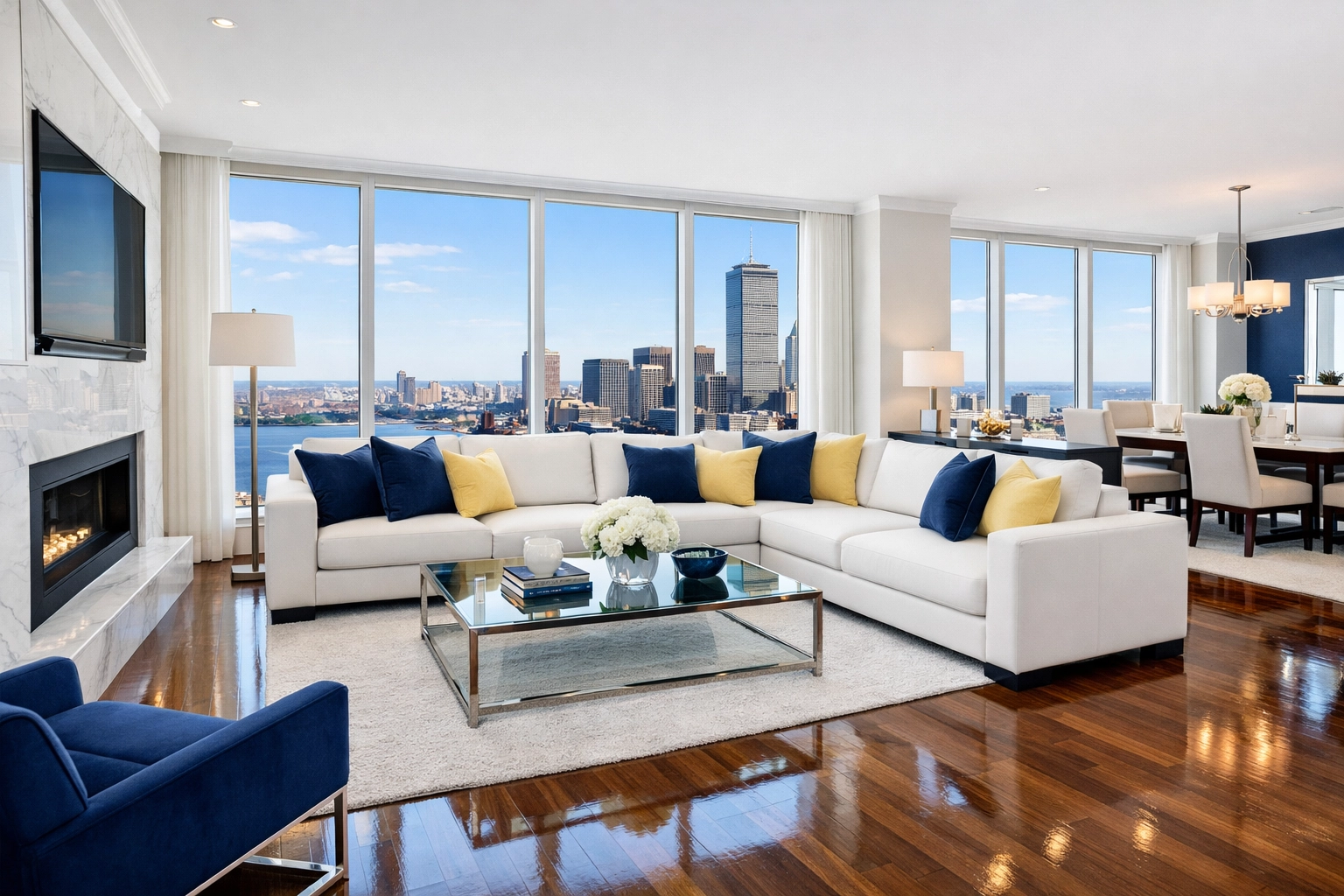 Pristine luxury apartment living room in Massachusetts showing high-impact residential cleaning MA results.