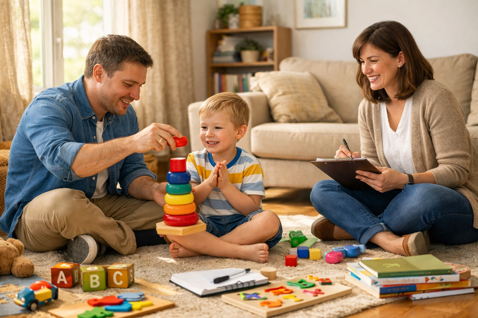 Parent training session showing family learning ABA techniques with therapist coaching