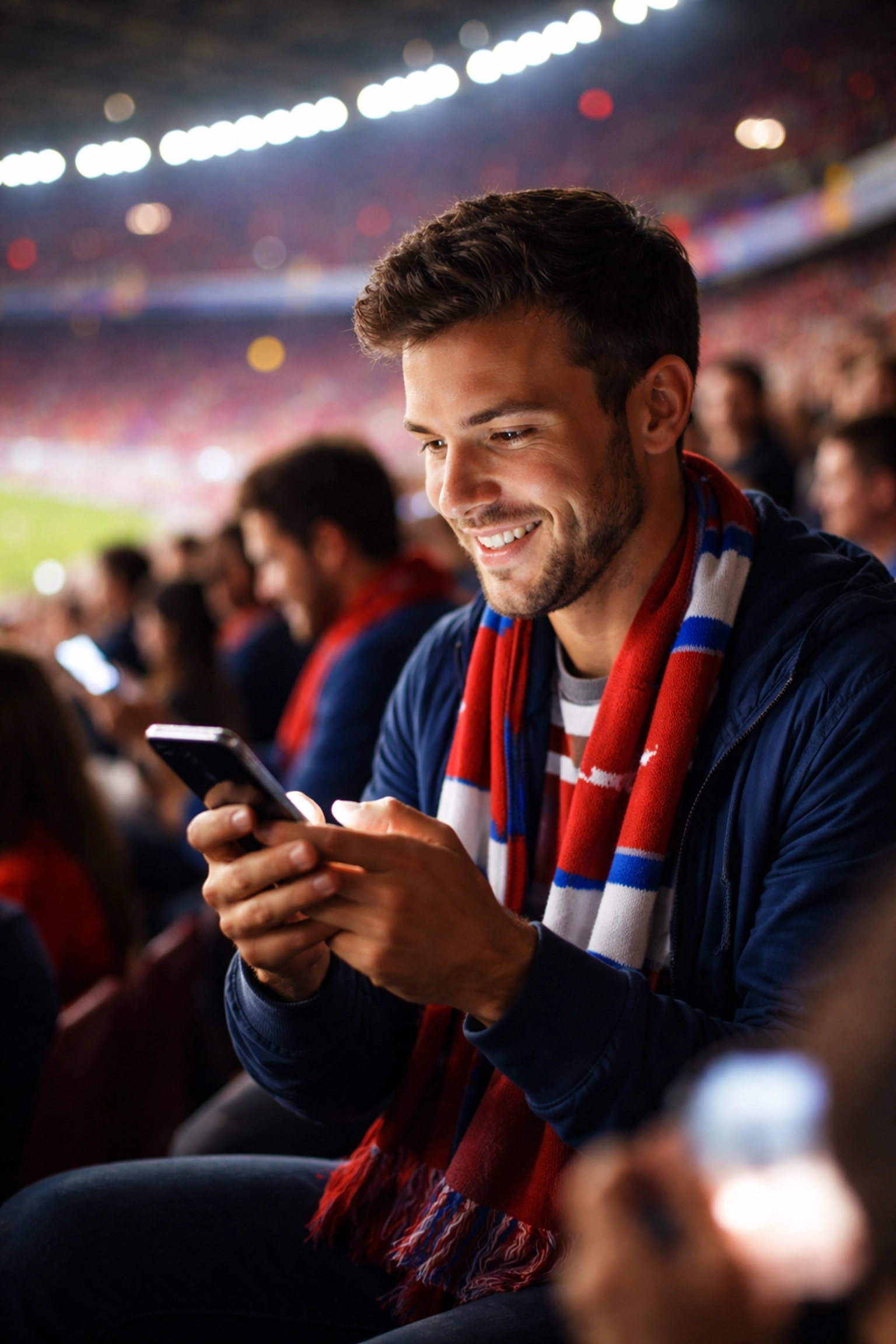 Sports fan using smartphone in stadium highlights multi-screen engagement and digital fan interaction strategies