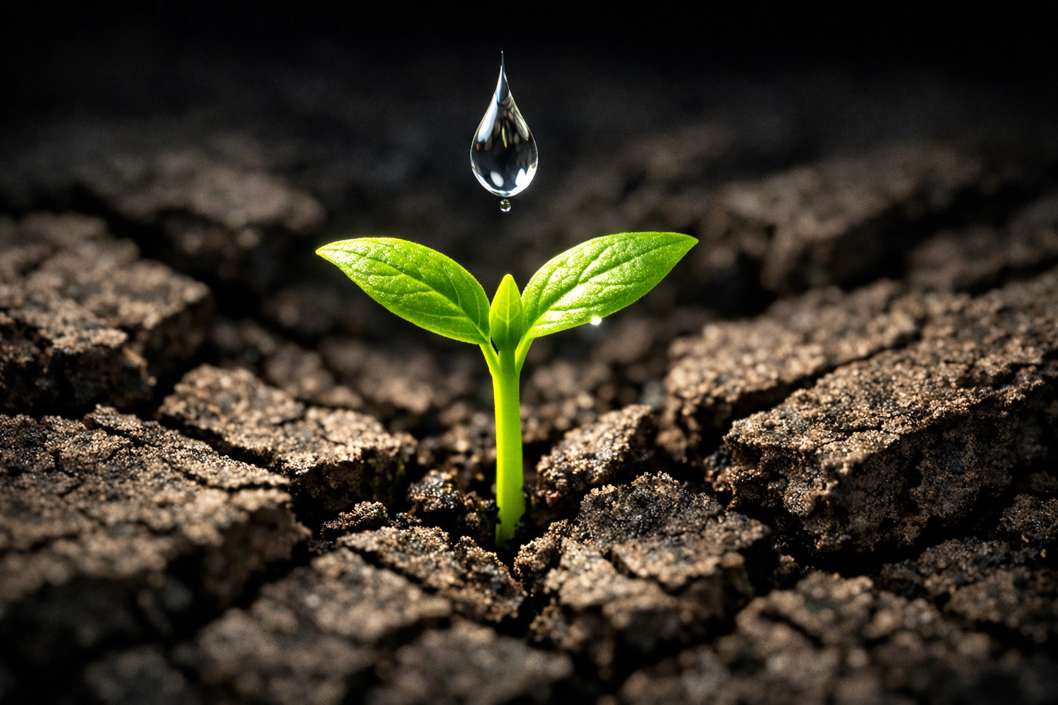 A green seedling growing through cracked desert soil, illustrating spiritual grit and the spread of the Gospel.