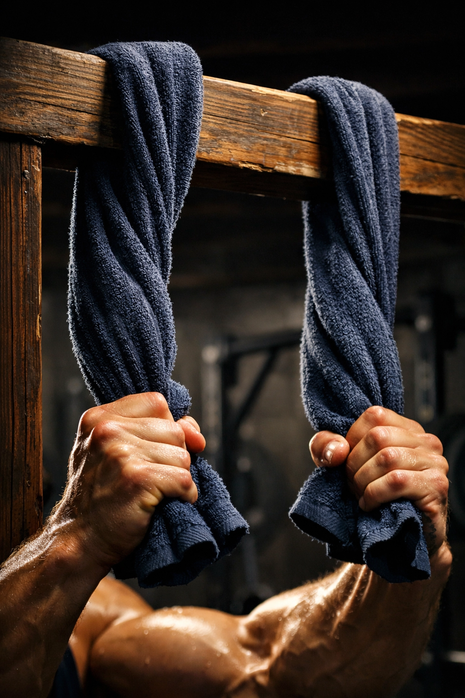 Towel grip training setup looped over door frame for home gym workout