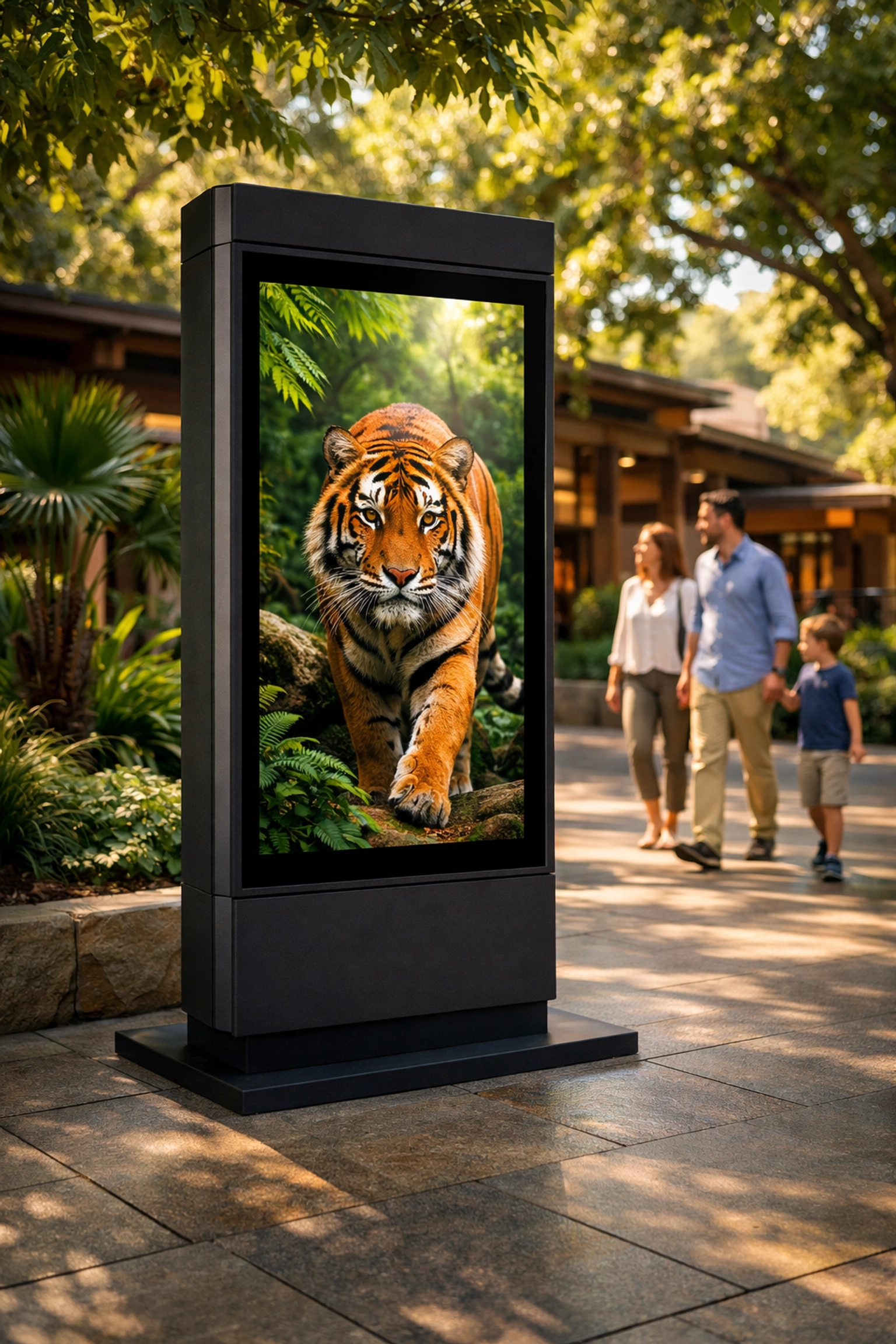 Modern zoo digital kiosk displaying high-definition animal content for effective brand sponsorship and marketing.