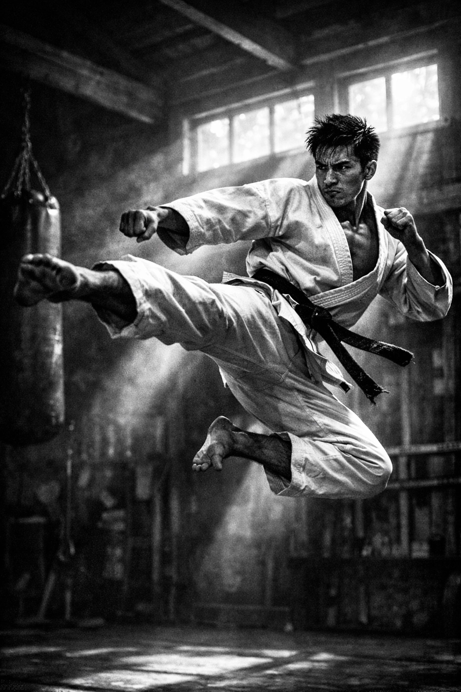 Young Chuck Norris performing a powerful mid-air karate sidekick in a traditional dojo.