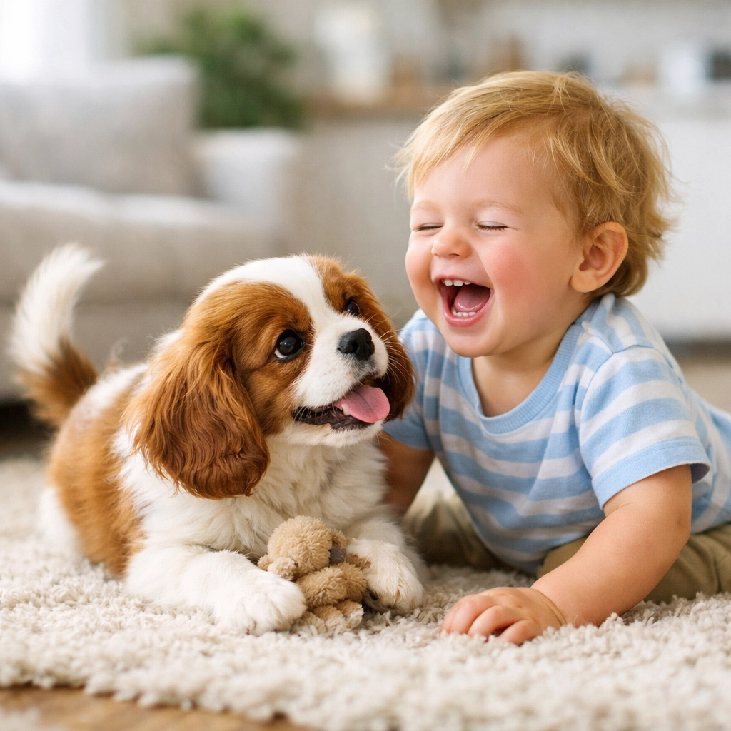 Playful puppy from an AKC Cavalier King Charles breeder in Boring Oregon with a child.
