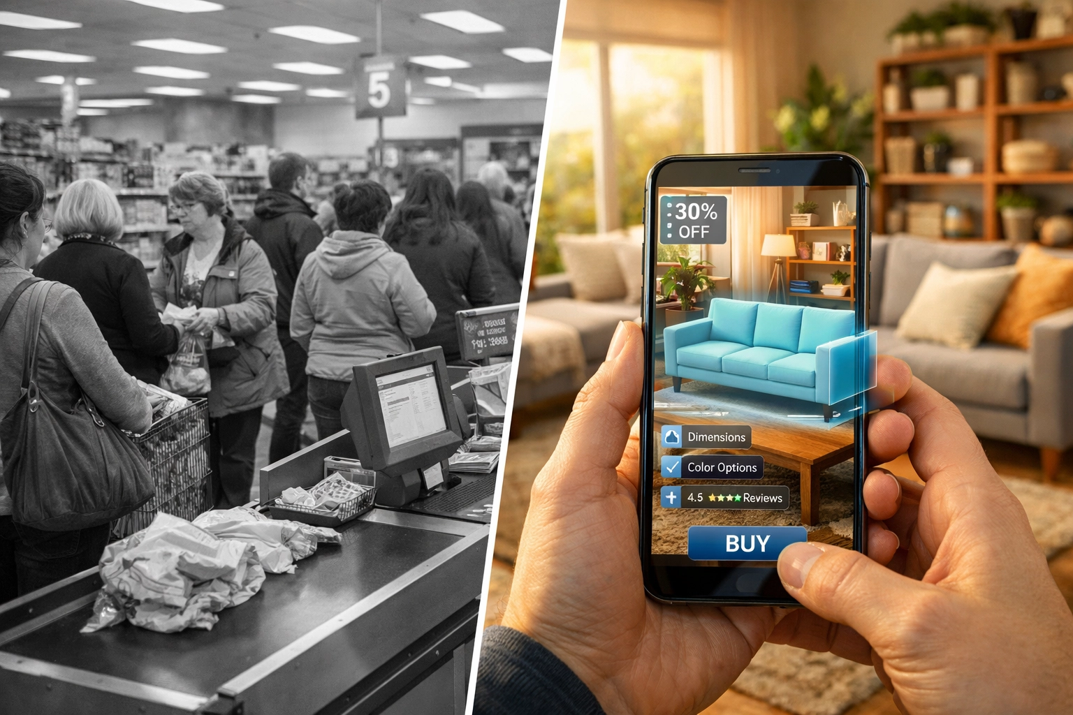 AR shopping comparison showing smartphone furniture visualization vs traditional retail store