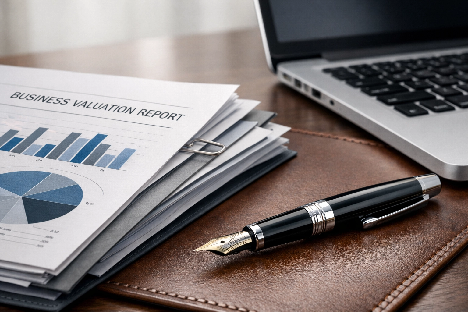 Detailed financial reports and laptop highlighting the business valuation process for NC firms.