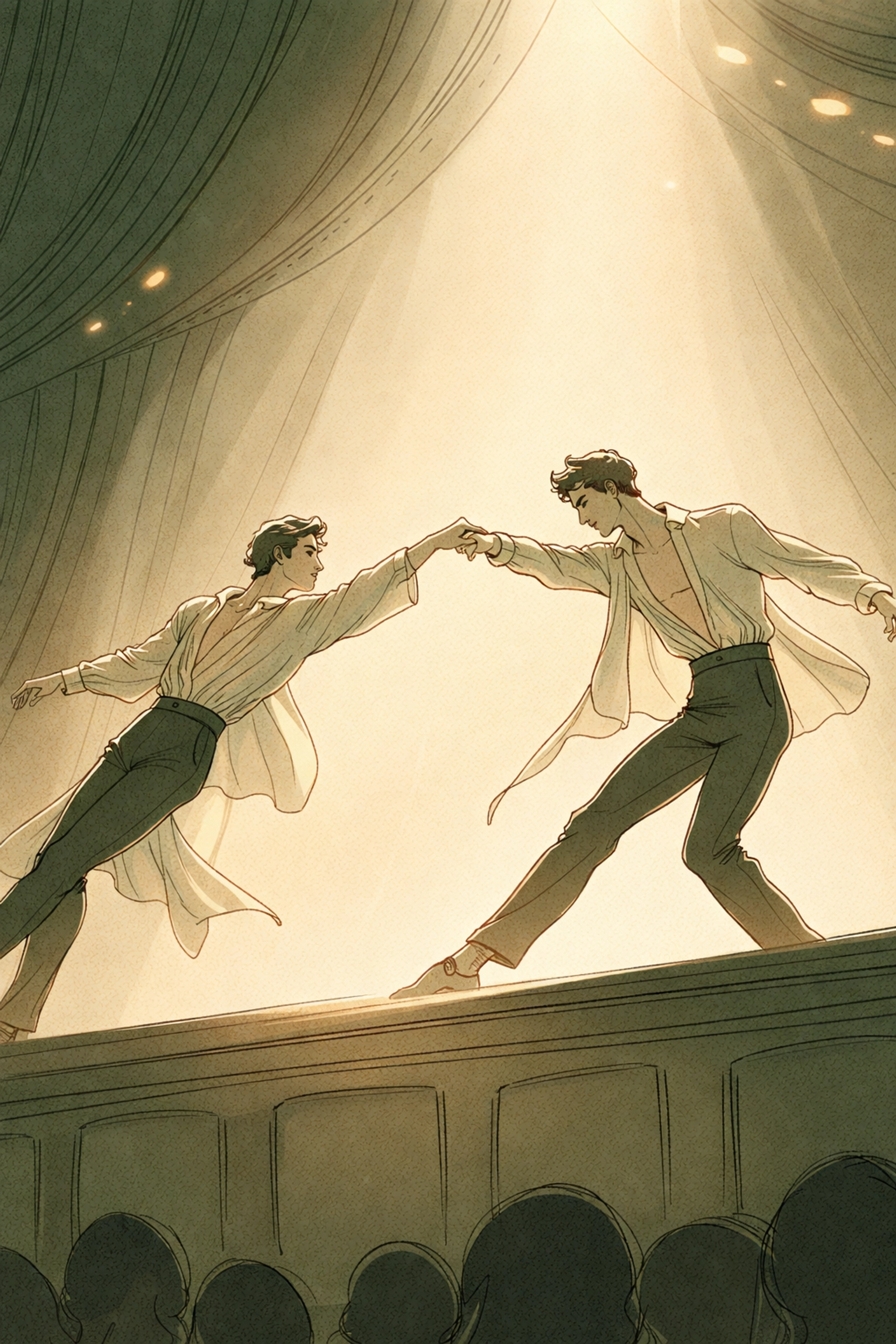 Two men perform a passionate ballet scene on stage, embodying art, truth, and love in The Male Variation.